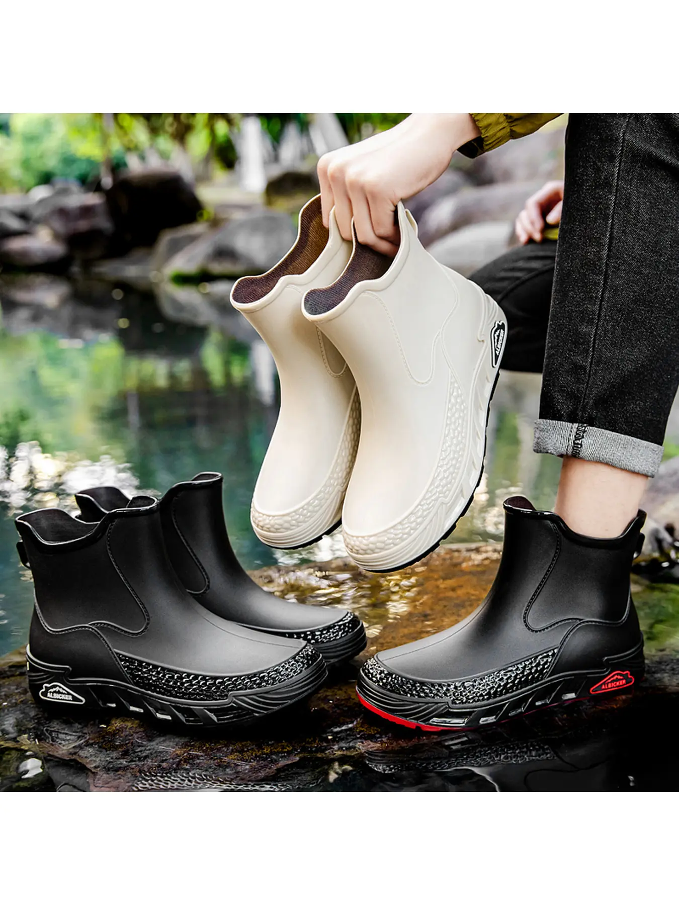 Unisex Mid Ankle Waterproof Rain Boots, ALBICKER Slip On Non-Slip Rubber Boots, Comfort Lightweight Outdoor Work Footwear for Fishing Gardening Daily Commute
