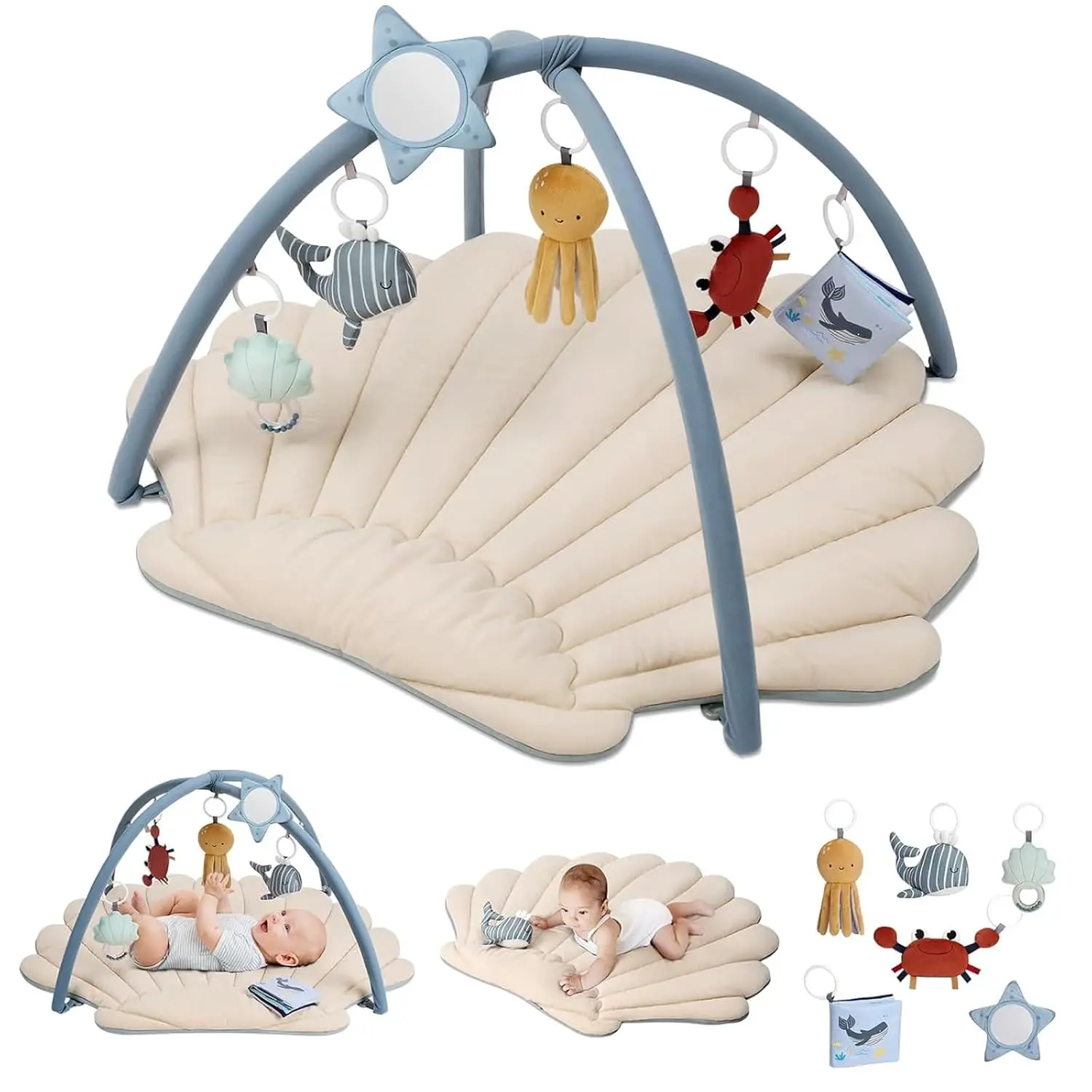 Play Gym Mat, Softer & Enlarged Tummy Time Mat w 6 Detachable Toys  Sensory & Motor Skill Development, Activity Mat  Newborn Essentials Shower Gift, Boho Ocean Theme