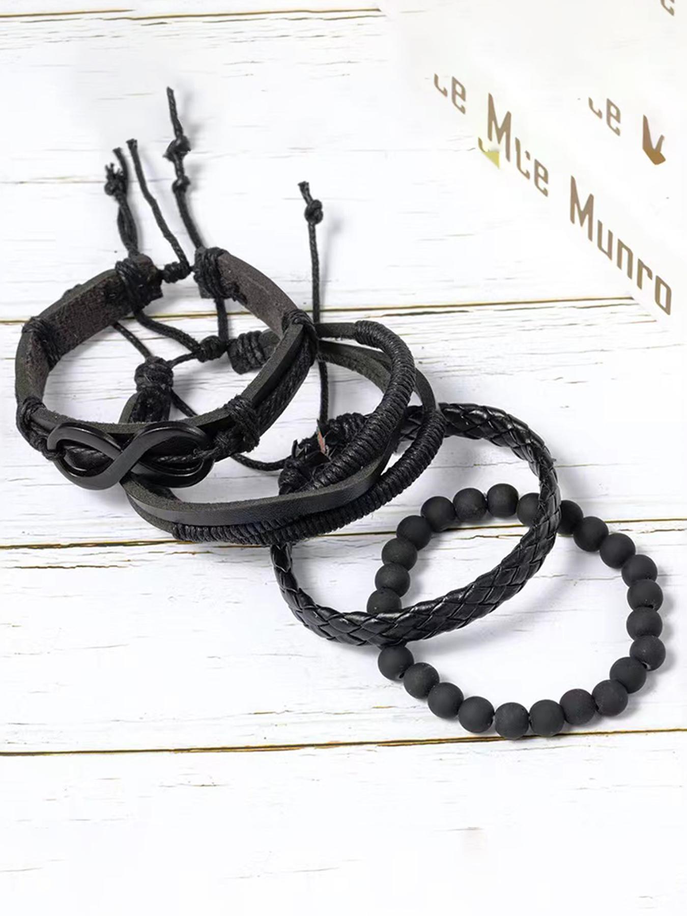 Vintage Braided Rope Leather Bracelet Set, 4 Counts/set Black Boho Beaded Band Bracelet & Link Summer Bracelet, Boho Adjustable Leather Jewelry for Summer Party, Daily, Punk Accessories for Men, Stackable Bracelets, Boho Style Bracelet