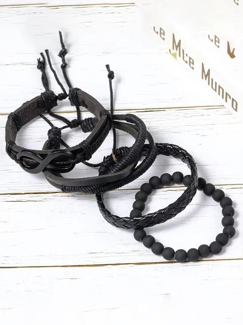 Vintage Braided Rope Leather Bracelet Set, 4 Counts/set Black Boho Beaded Band Bracelet & Link Summer Bracelet, Boho Adjustable Leather Jewelry for Summer Party, Daily, Punk Accessories for Men, Stackable Bracelets, Boho Style Bracelet