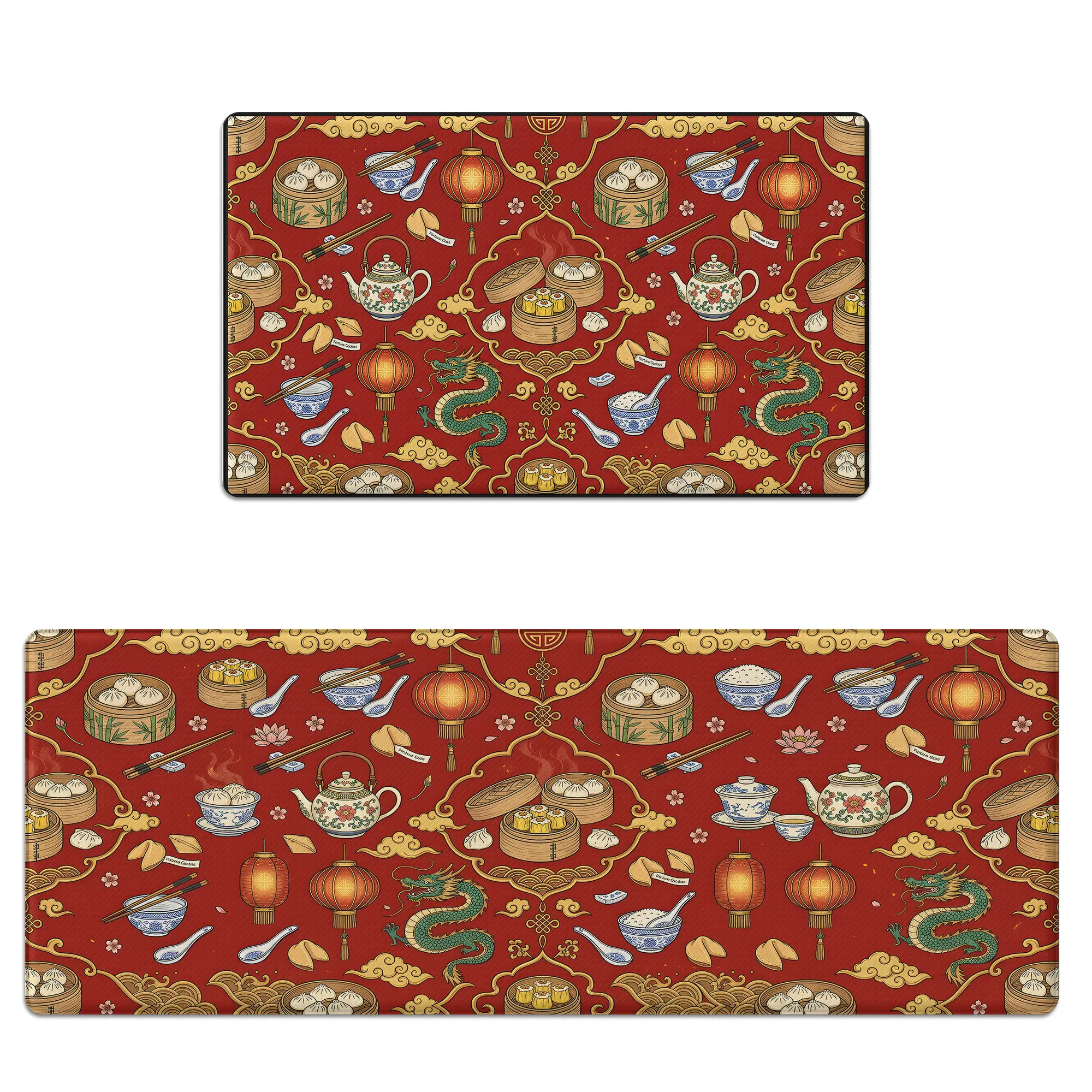 Kitchen Mat Set of 2 Anti-Fatigue Cushioned Memory Foam Non-Slip Scratch-Resistant & Waterproof Chinese Dim Sum Asian Food Theme