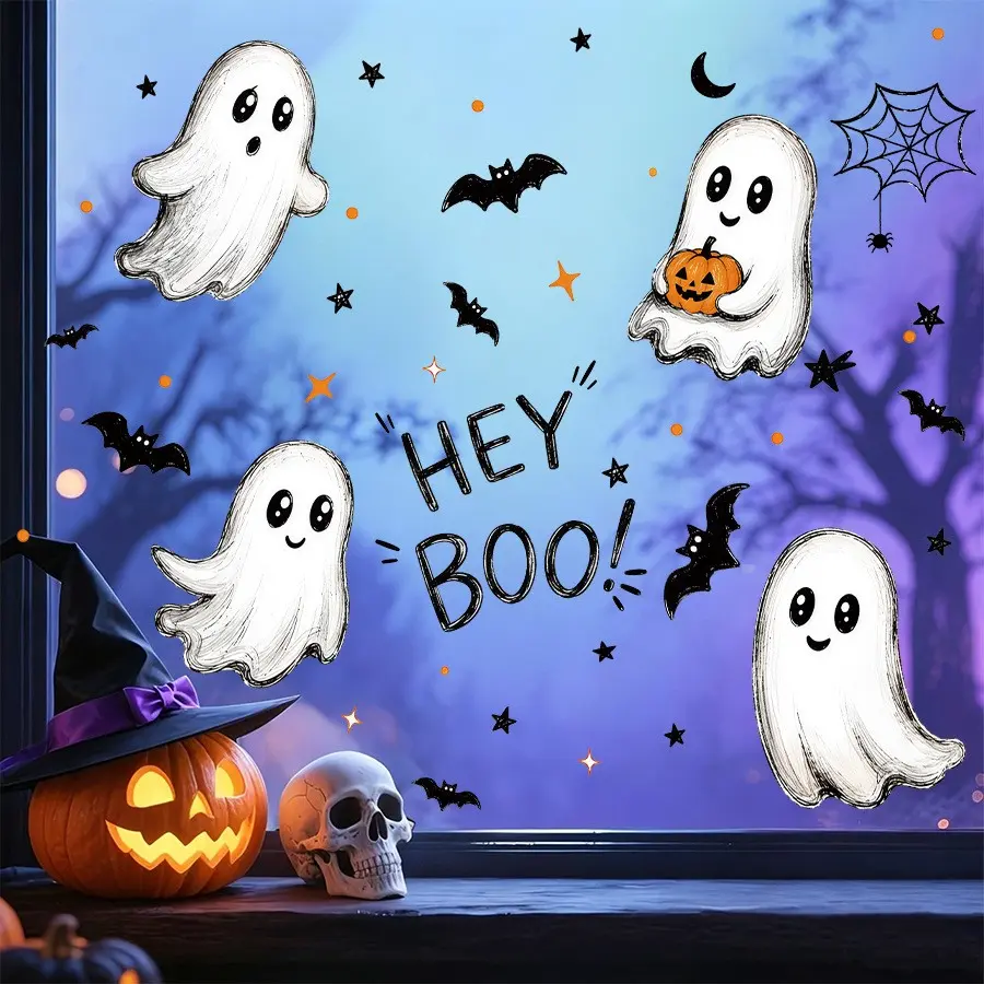 Halloween Fall Window Stickers, Hand-Drawn Static Adhesive Decals, Hey Boo Letters, Pumpkins, Bats, Spiderwebs, Stars, Crescent Moons, Reusable