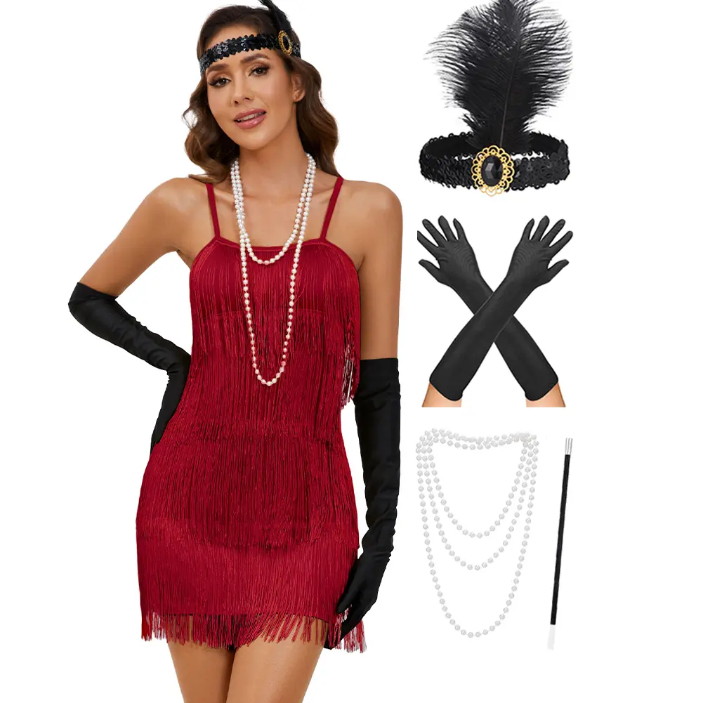 YF Women's 5 Piece 1920s Flapper Dress Set Fringe Gatsby Costume with Headpiece Gloves Necklace Cigarette Holder Roaring 20s Outfit for Halloween Party Cosplay Prom