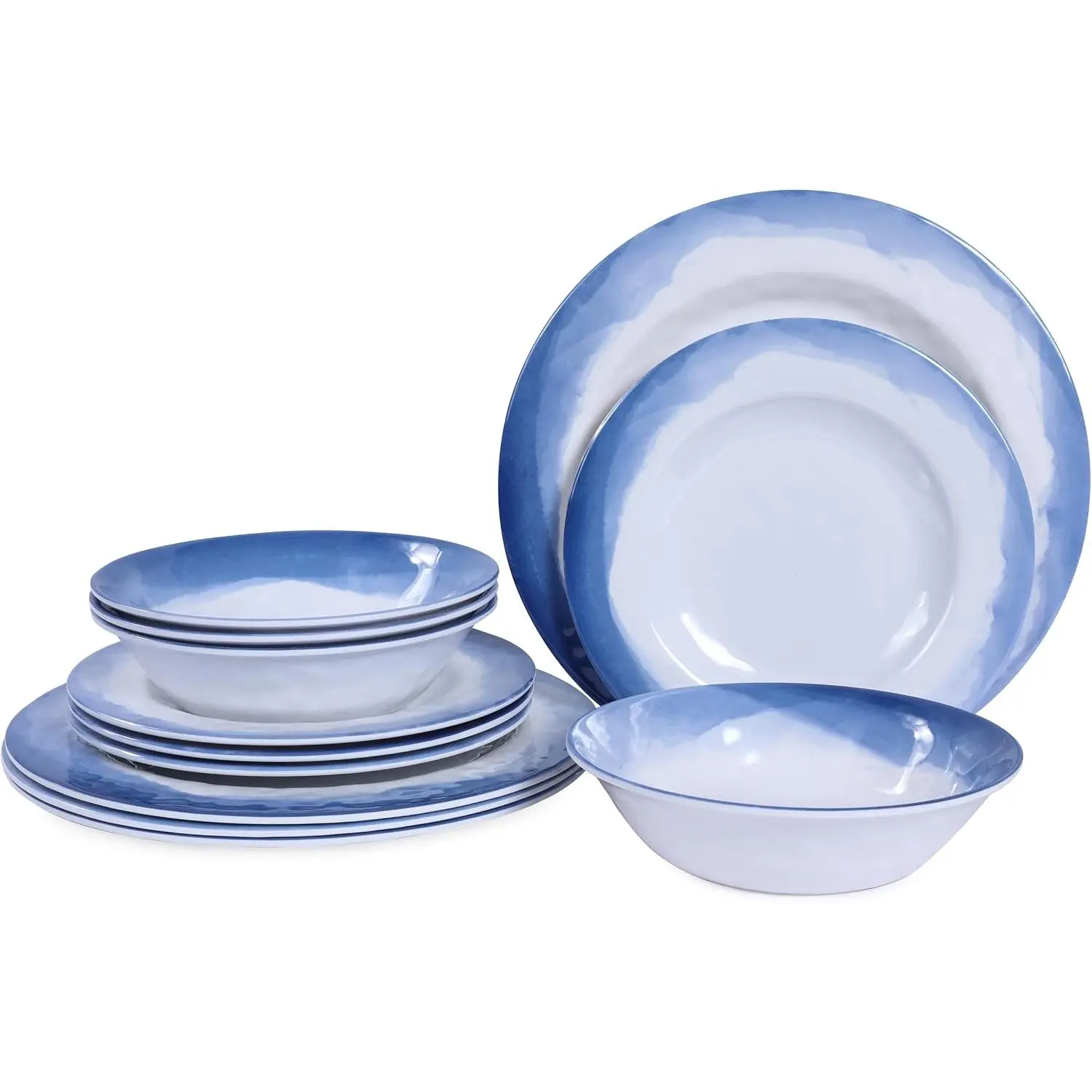 Melamine Dinnerware Sets- 12 count Melamine Plates and Bowls Set for 4 | Suitable for Indoor and Outdoor Use, Blue Camping Round Dishs,  Tableware, Unbreakable & Shatterproof & Lightweight