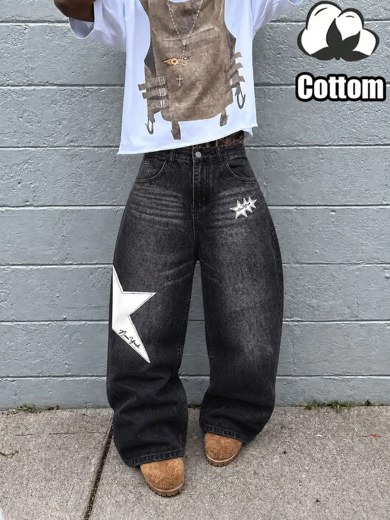 Unisex Vintage Washed Blue Star Graphic Baggy Jeans, Wide Leg Loose Fit Denim Pants, Y2K Streetwear Casual Jeans for Daily Wear#BaggyJeans #BlueJeans #StarGraphicJeans #WideLegJeans #WashedDenim#GraphicJeans #Y2KJeans #Y2KStreetwear #UnisexJeans