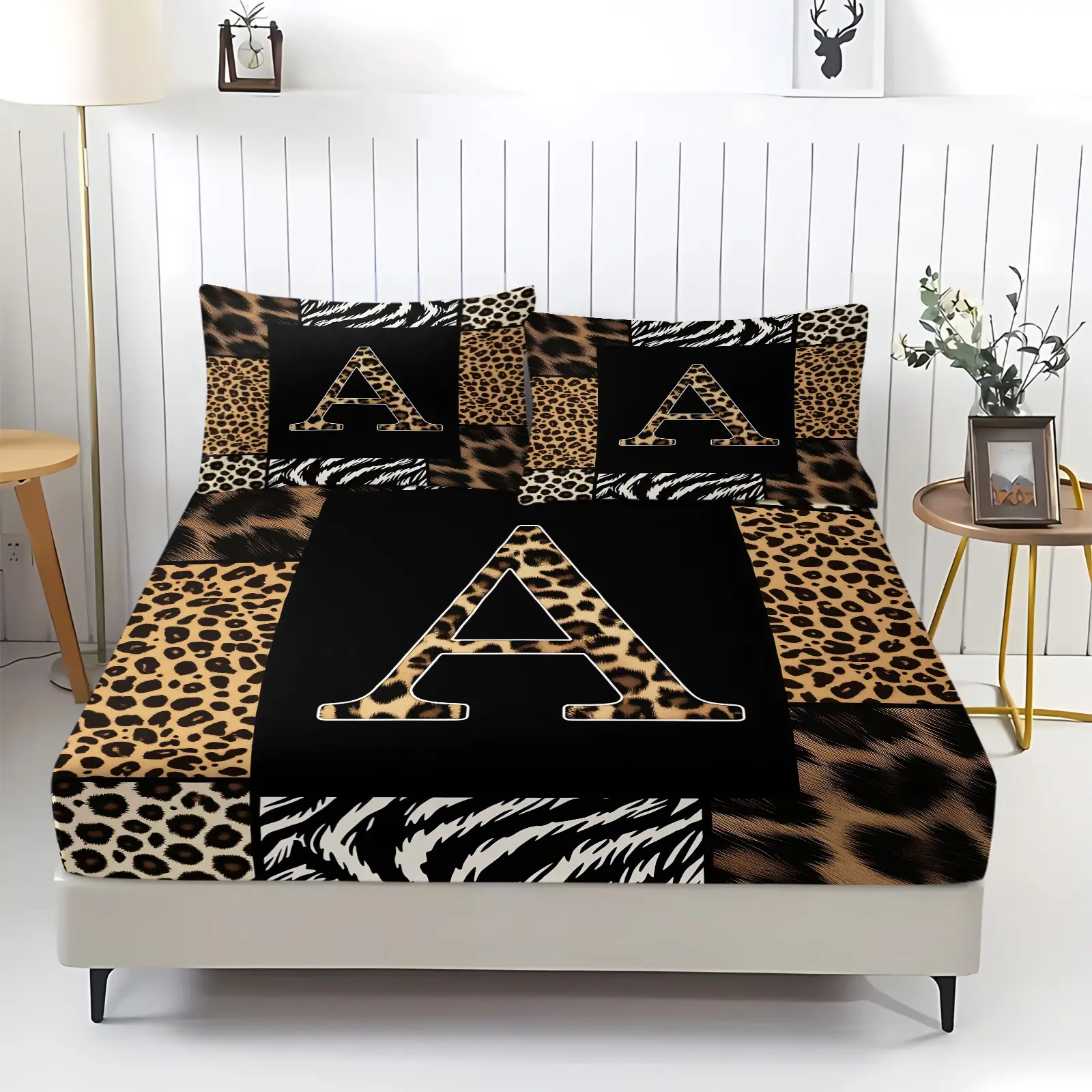 Initial Letter A to Z Bed Sheets Set Multi Size Leopard Print Deep Pocket Fitted Sheet Leopard Patchwork Pattern Bedding Sets Cheetah Skin Soft Bed Set 3Pcs with 2 Pillow Cases