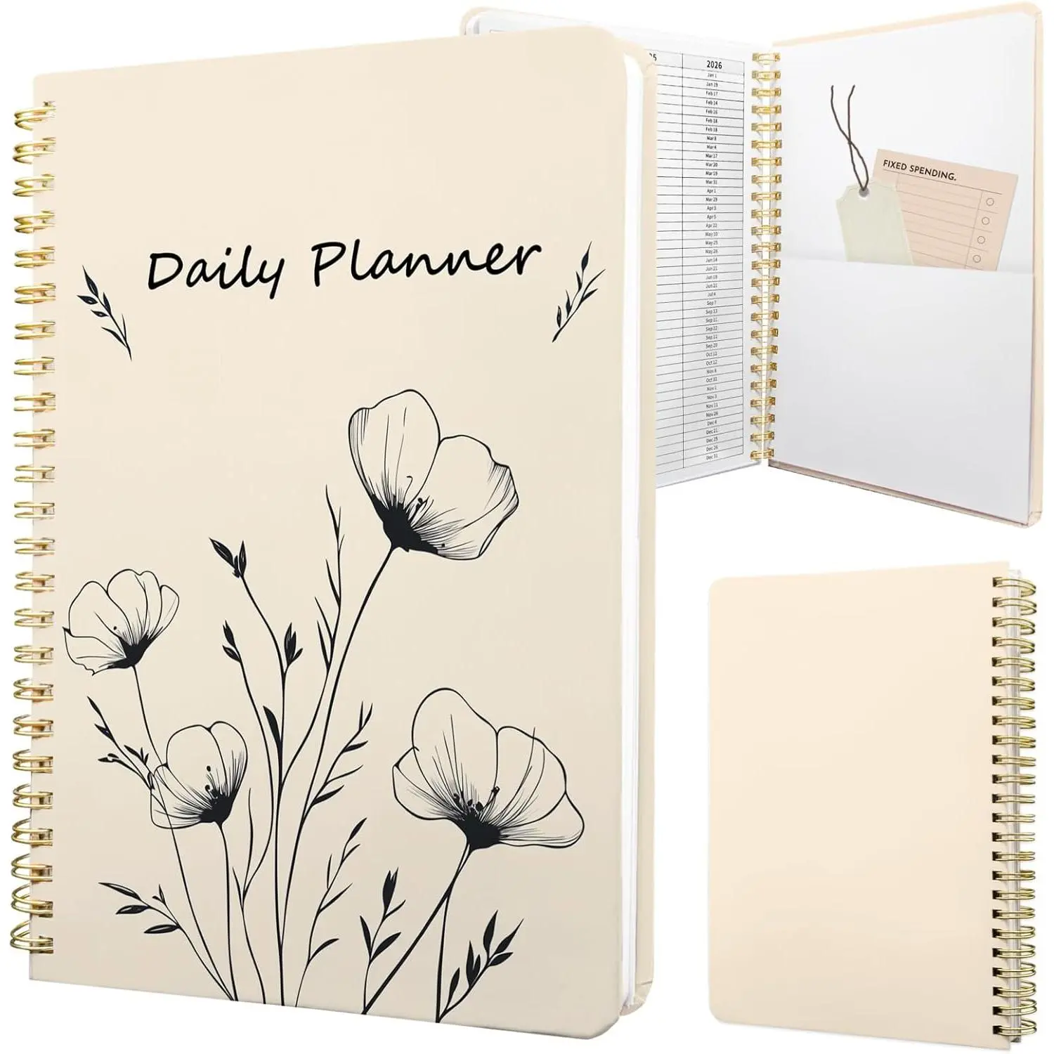 Undated Daily Planner - Spiral Notebook 80 Days  Day Per Page, Hourly Schedule, To-Do List, Notes, Everyday Planning Task, A5 Hardcover Journal Organizer Book Women Cute, White Flower