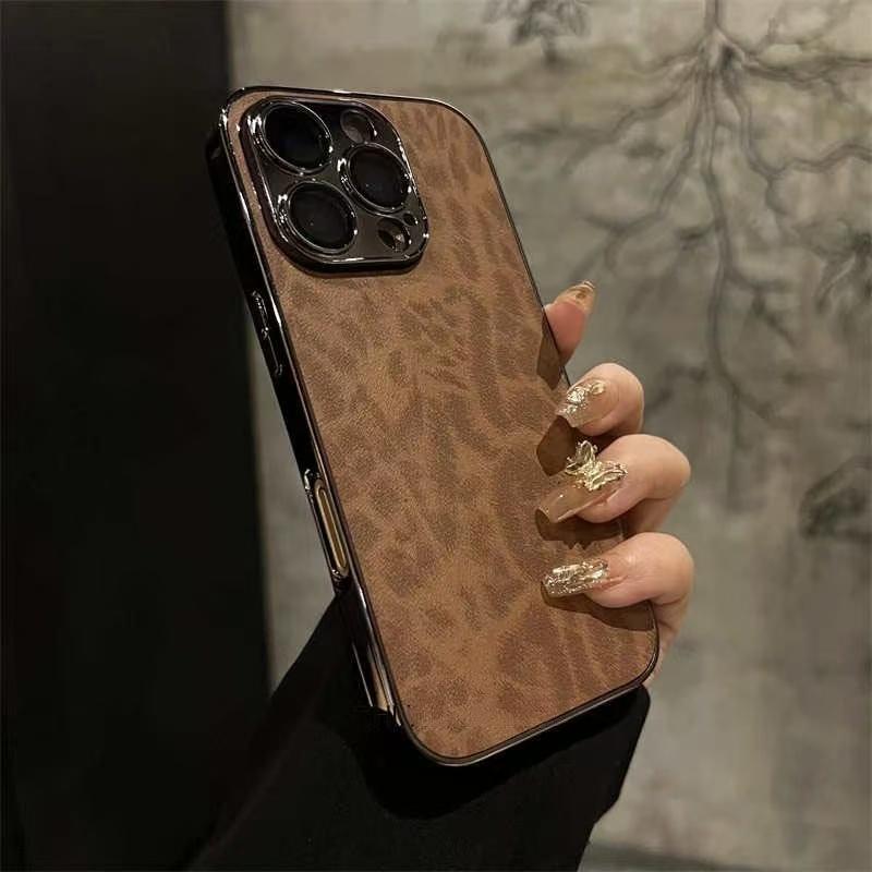 Luxury Plating Leopard Texture Leather Case For iPhone 16 15 14 Plus 13 12 11 Pro Max Lens Protection Shockproof Soft Cover Protective Smartphone