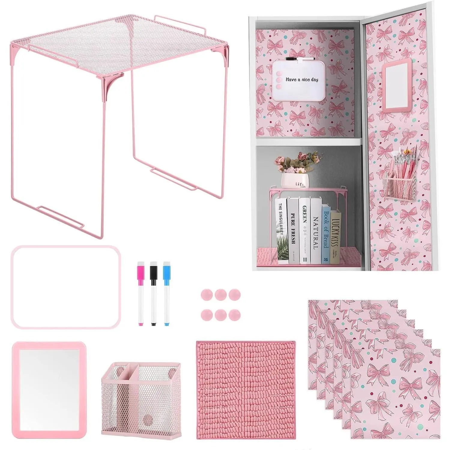 16 count  Locker Accessories for Girls Locker Organizer Kit |  to School Party Office School,  Wallpaper, Whiteboard, Mirror, Rug, Locker Shelf