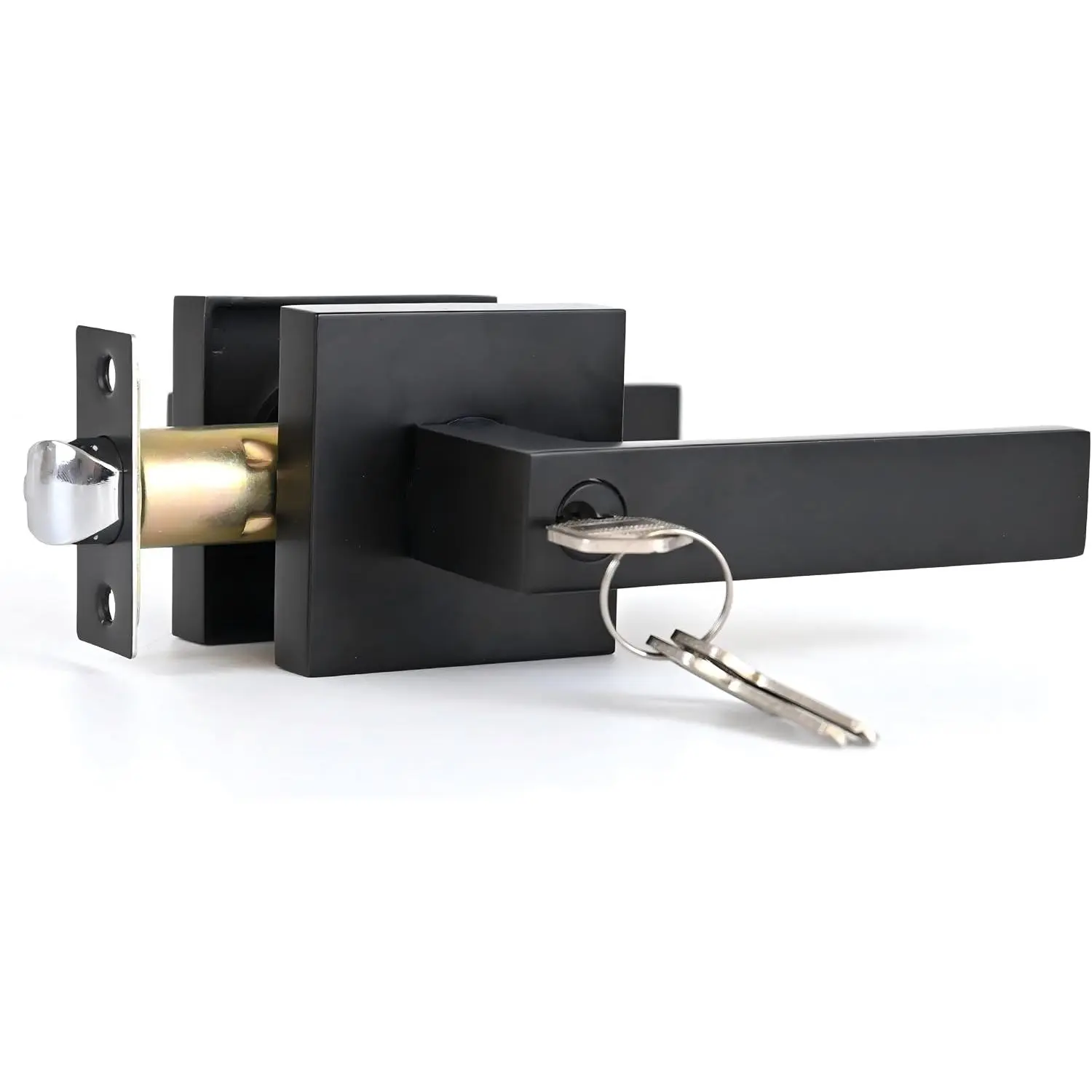 Entrance Entry Keyed Function Matte Black Keyed Interior Exterior Heavy Duty Door Lever Handle with Modern Slim Square Rosette for Front Entry Door, Garage, Office, Basement Exit.(Entrance)