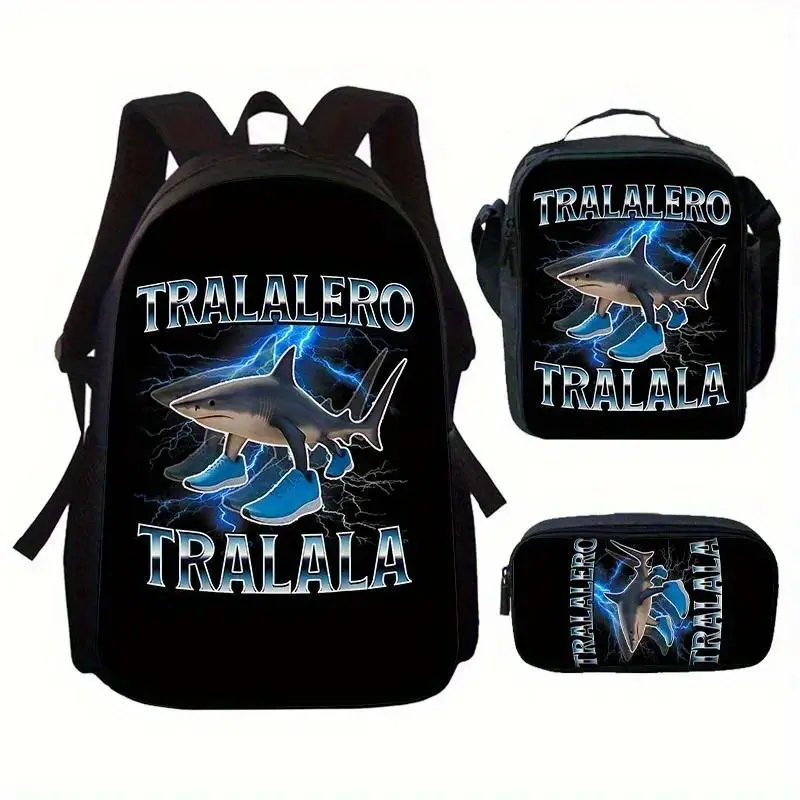 3-Piece Tralalero Tralala Shark Print Backpack Set Travel Backpack with Adjustable Straps Suitable for Teenagers School Backpack, Teenager Backpack, Fashionable Backpack lunch bag pencil case