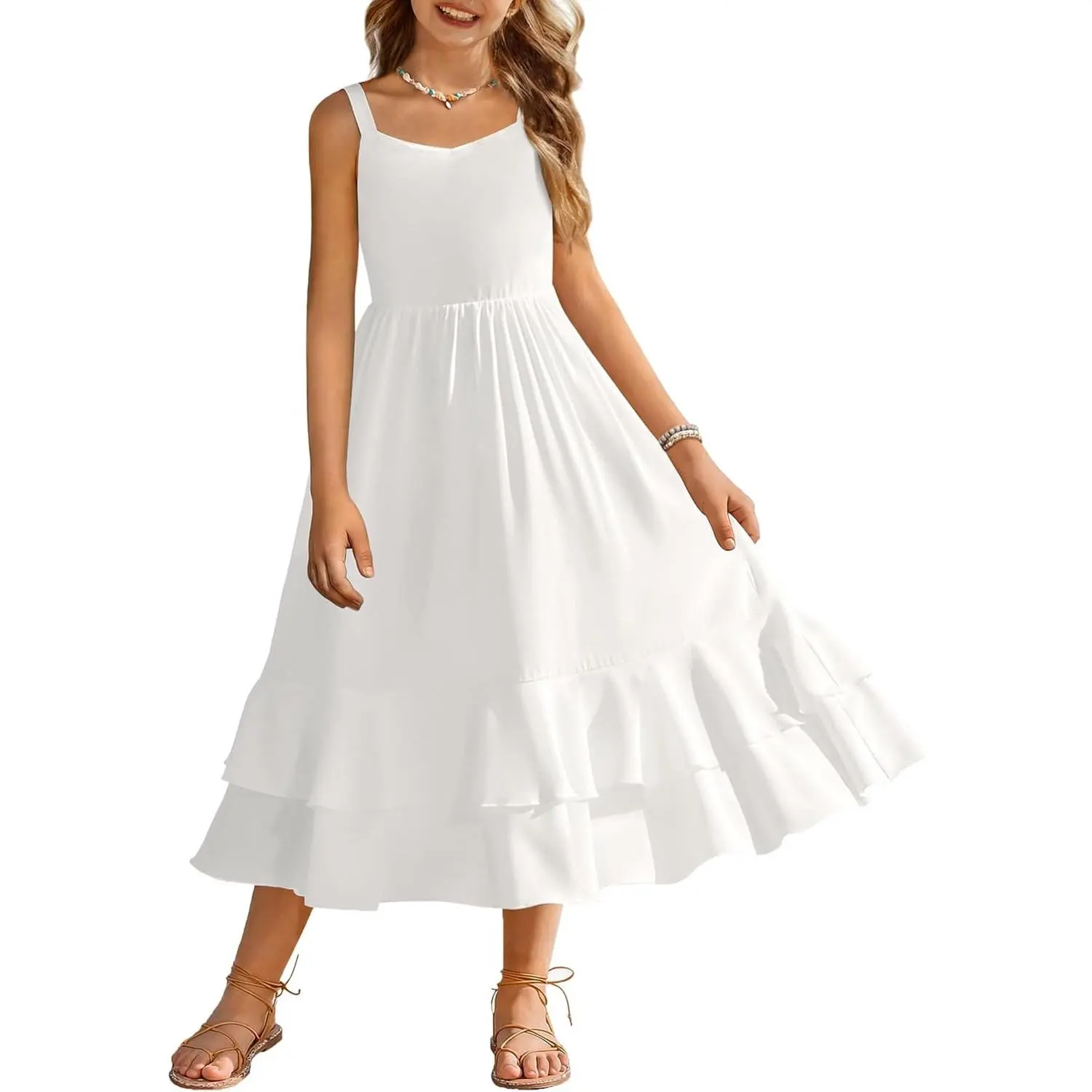 Girls Cami Summer Dress Casual Sleeveless Sundress with Pockets for 5-14 Y