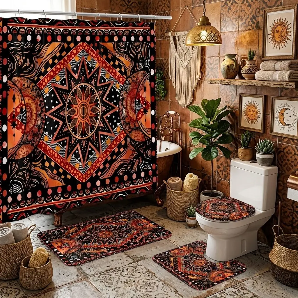 4pcs Orange Black Tribal Sun Mandala Bohemian Geometric Ethnic Print Shower Curtain Set, Vintage Boho Bathroom Kit with Toilet Lid Cover & Matching Floor Mats, The floor mat fabric is thicker and softer! Retro Ethnic Home Bathroom Decor