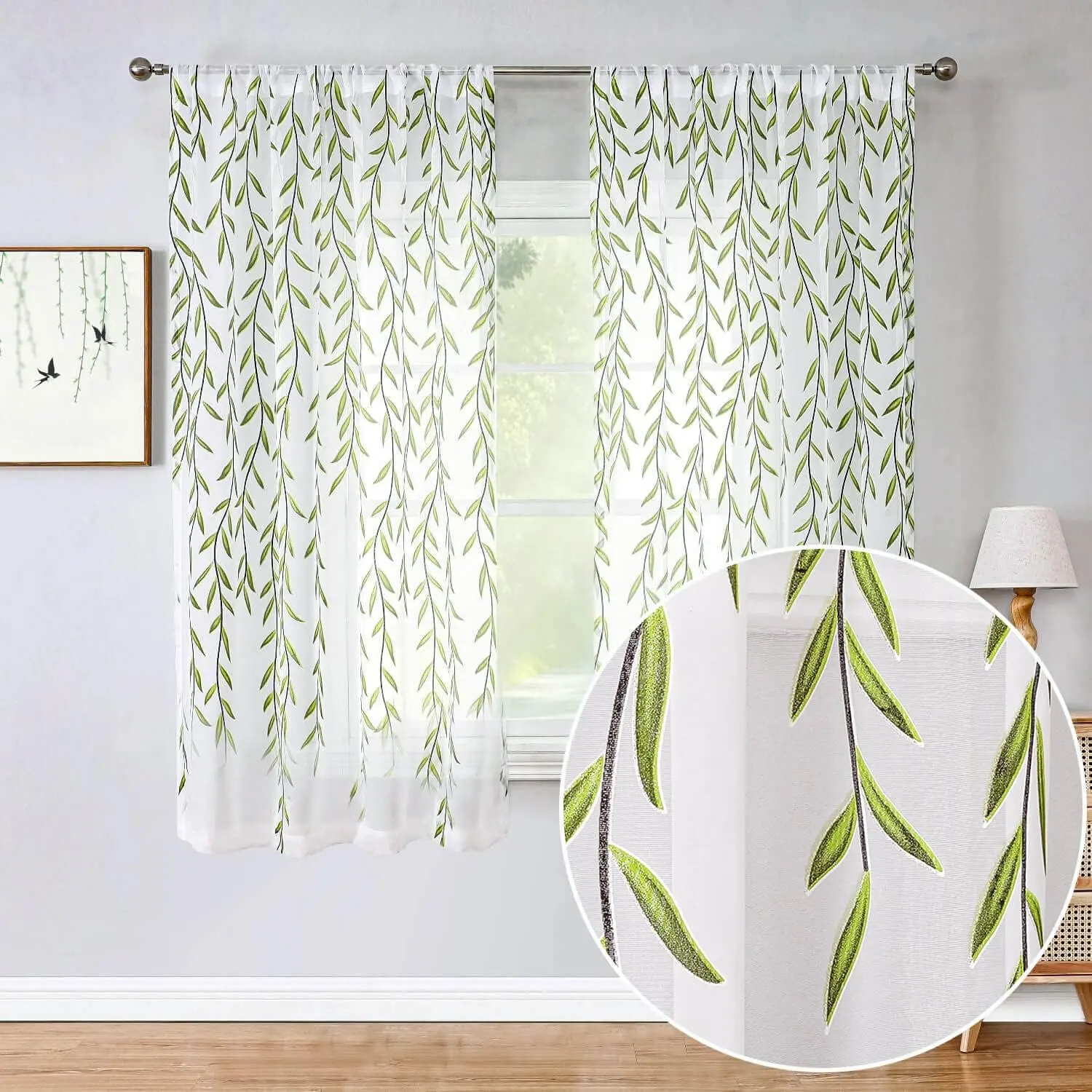 Botanical Leaf Sheer Curtains 63 Inch Length Light Filtering Voile |  Short Semi Sheer Window Drapes 2 Panels Set for Living Room Bedroom Kitchen Bathroom , Rod Pocket