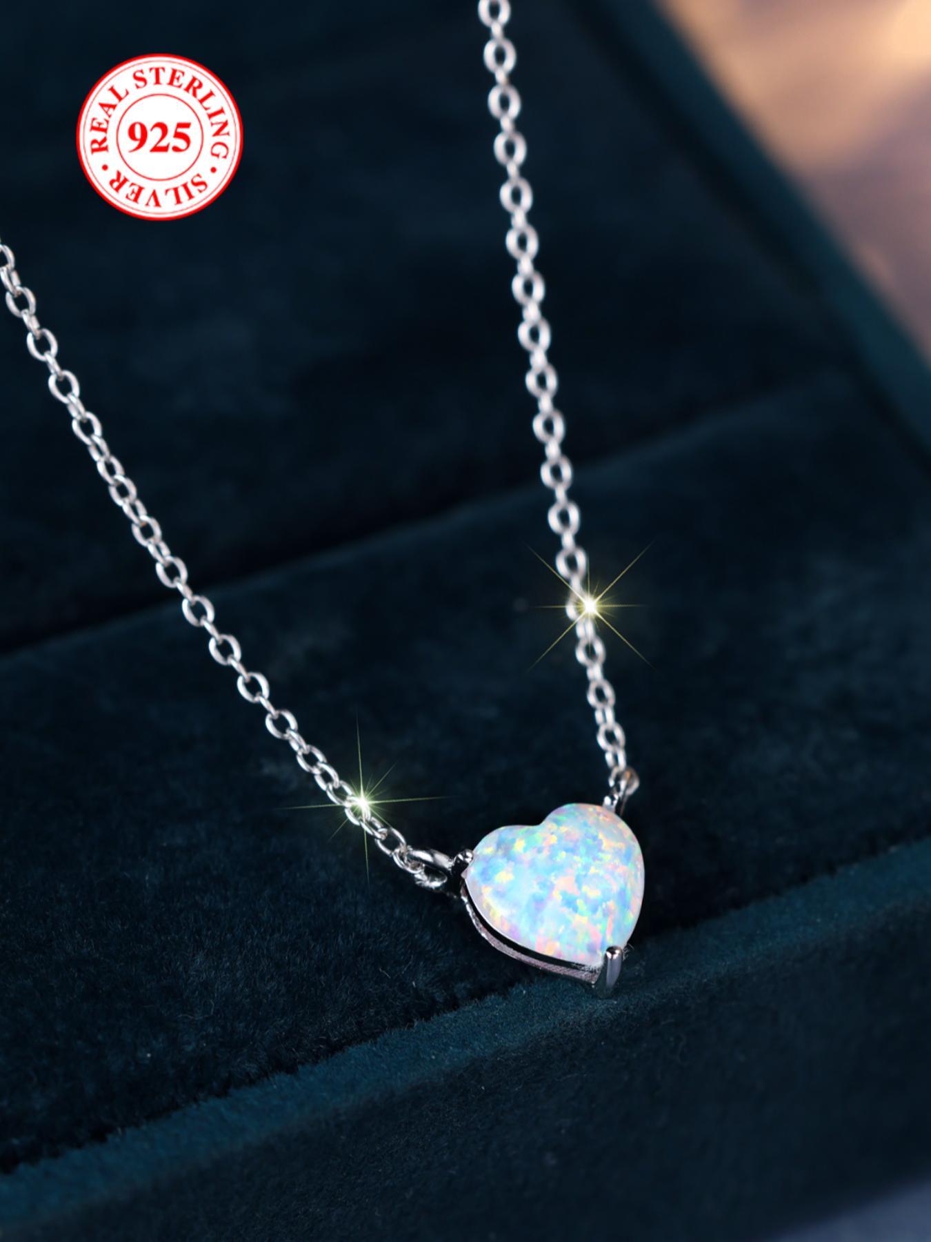 S925 Sterling Silver Heart Shaped Faux Opal Pendant Love Heart Necklace with Box, Fashion Jewelry for Party, Daily Decor, Trendy All-match & Exquisite Jewelry for Birthday Gift