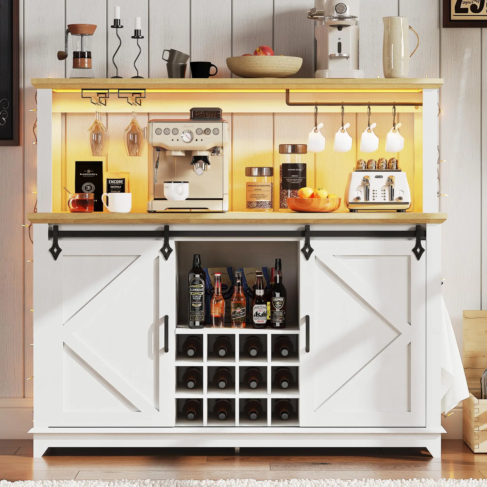 55 Inch Farmhouse Tall Coffee Bar Cabinet with LED, Power Outlet, Barn Door, Drawers & Wine Glass Rack Home Buffet Hutch sideboard