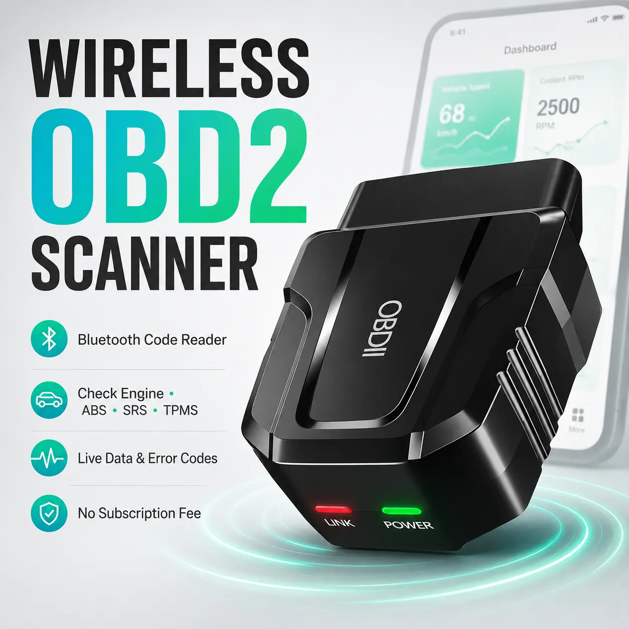 Professional Wireless OBD2 Diagnostic Tool, Bluetooth Automotive Scanner for Engine, ABS, SRS & TPMS Fault Codes, Real-Time Vehicle Data Reading with No Subscription Required