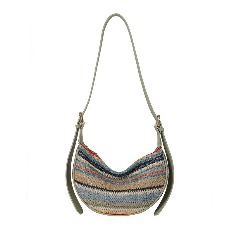 Summer Woven Bag for Women – New Style Large Capacity Cross-body Bag with Shoulder Strap – Rainbow Stripes Dumpling-Shaped Woven Fabric Tote for Daily Commuting