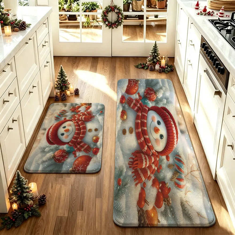 2-Piece Snowman Rug Set, Striped Hat and Scarf, Christmas Ball Pattern, Waterproof Oil-Resistant Kitchen Mat, Non-Slip Home Decor