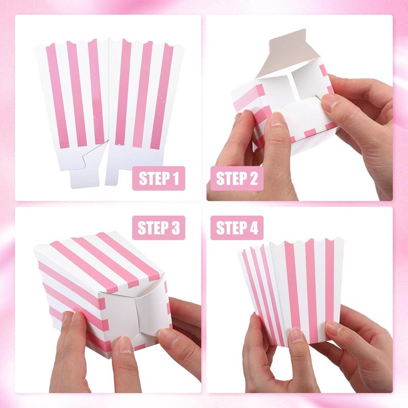 Pink and White Striped 48pcs Paper Popcorn Boxes - Pastel Candy Cardboard Buckets for Theater Carnival Birthday Party Favor Bags Disposable Traditional