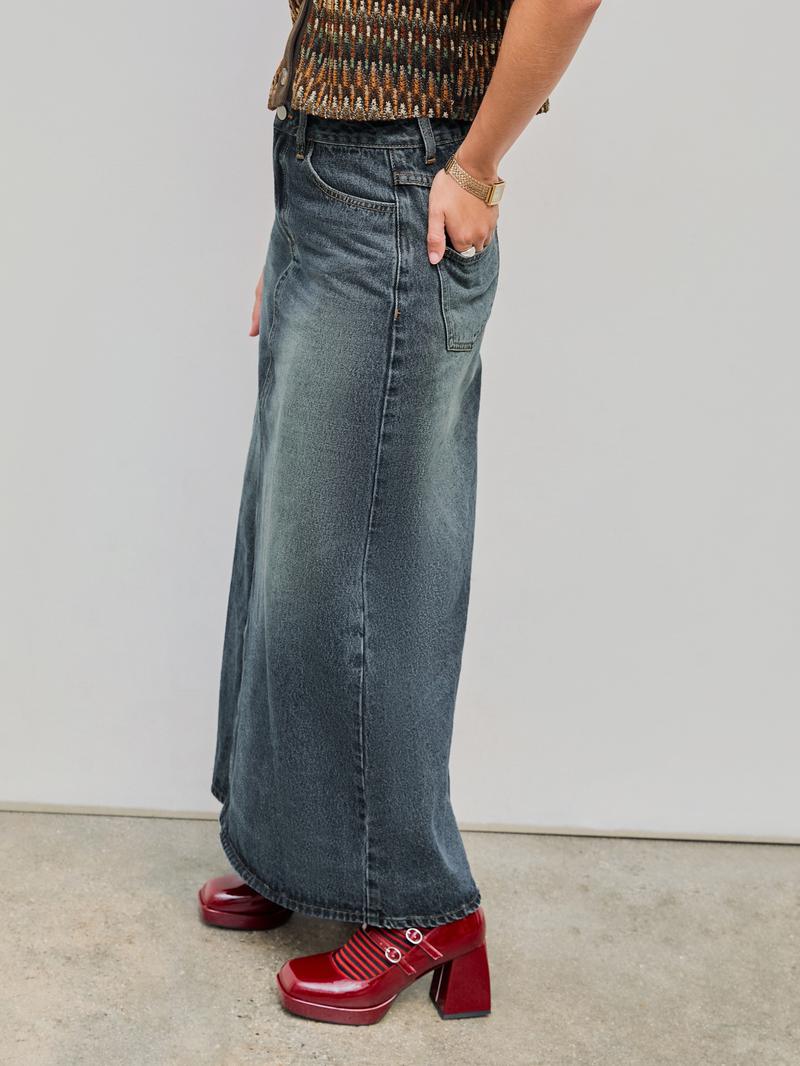Cider [size 0-26] Denim Mid Waist Solid Pocket Maxi Skirt