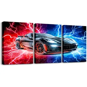 Set of 3 Race Car Canvas Wall Art| Red Blue Speed Sports Car Prints| Framed Racing Decor for Kids Boys Bedroom Living Room 12x16in
