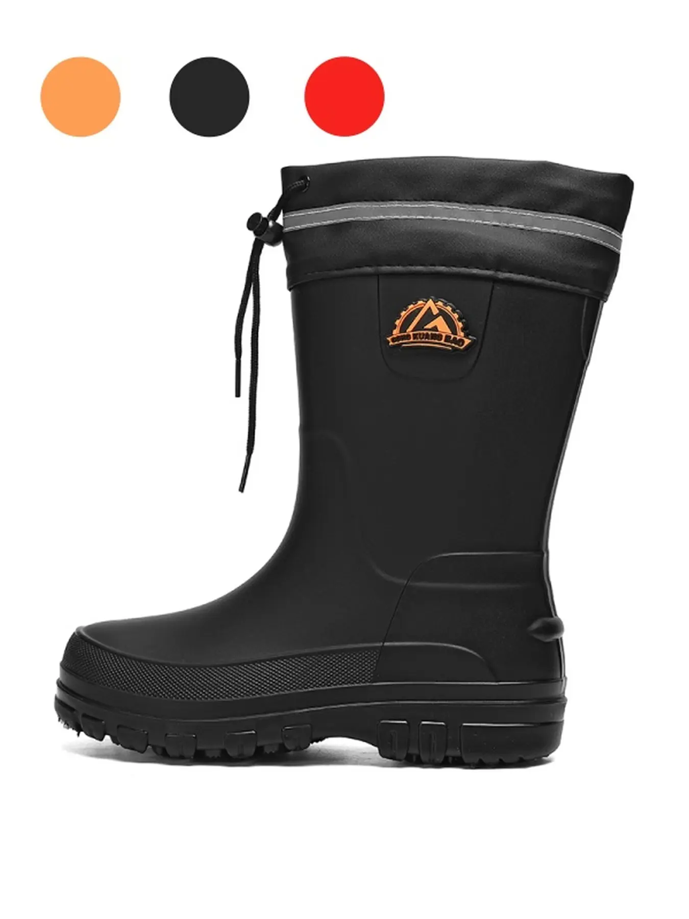Mens Black Orange Drawstring One Piece Rain Boots One Piece Molding Easy Clean Stain Resistant For Rainy Work Days Yard Work