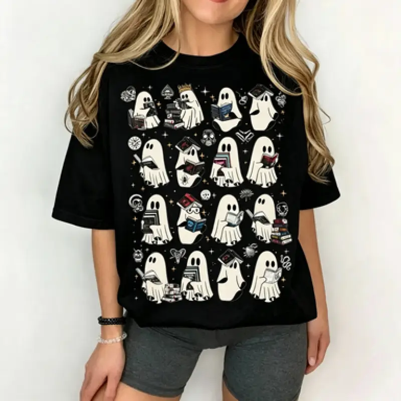 Women's Graphic T-Shirt - Halloween Aesthetic Top with Ghosts, Dark Romance Series Themes (Haunting Adeline, The Lords, Legacy Of Gods, Devil's Night) - Librarian-Inspired Women's Clothes