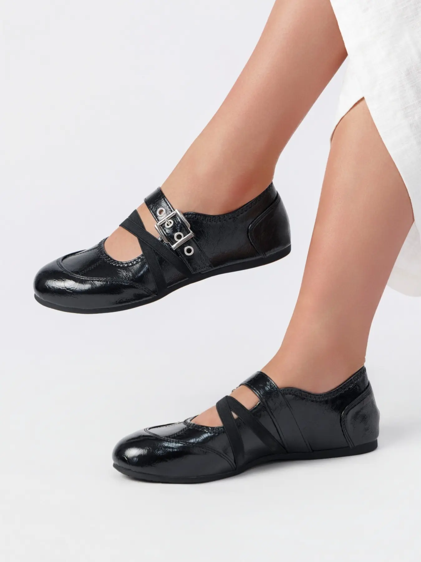 Women's Glossy Cross Strap Mary Jane Flat Shoes, Metal Buckle Adjustable, Vintage Ballet Style, All Season Comfortable Casual Shoes, Adjustable Mary Janes