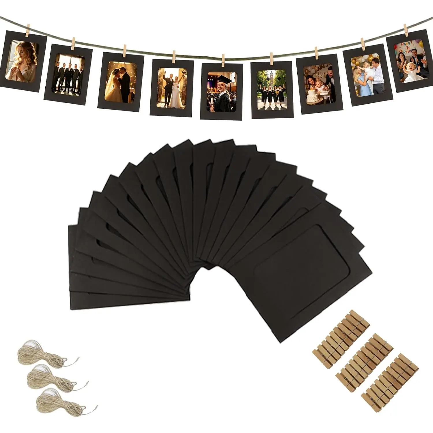 Black Paper Picture Frames 4x6, 30 count  Photo Display Banner with Clips and Twine, Black Cardstock Frames for Graduation Party Decor, Birthday Photo Banner Wall Collage (4x6)
