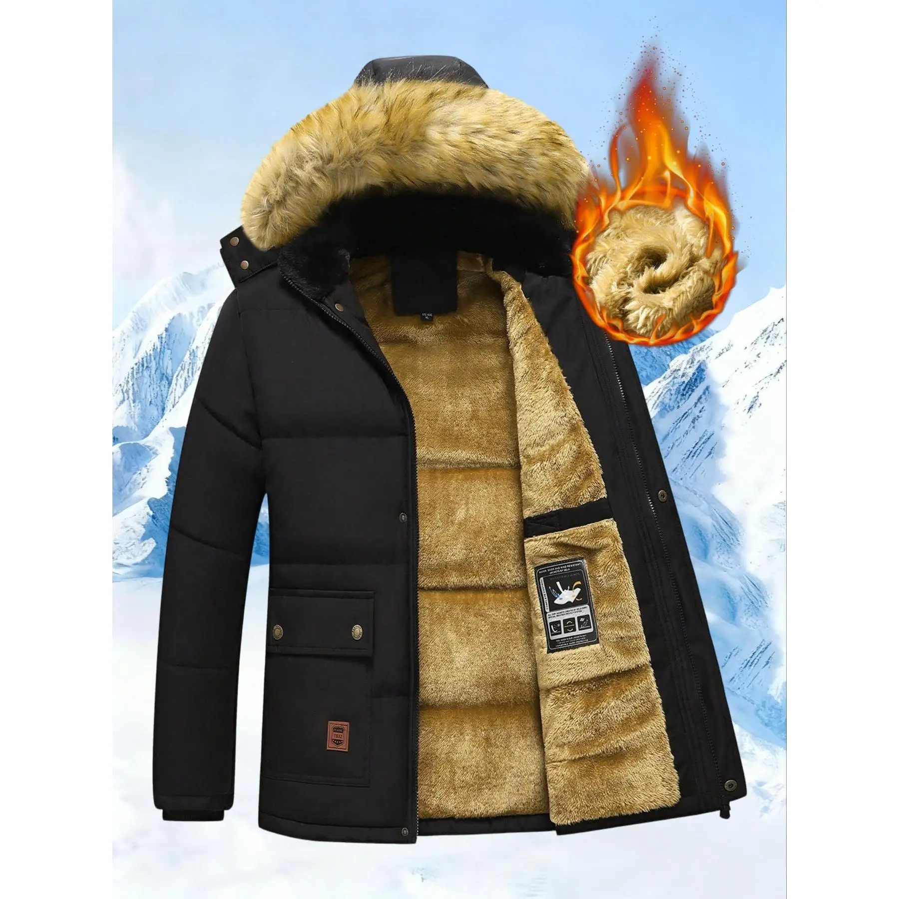 Men’s mid-length winter parka with detachable fur hood trim. Thick plush inner lining locks in heat, multi practical pockets, windproof outer shell for cold outdoor activities.