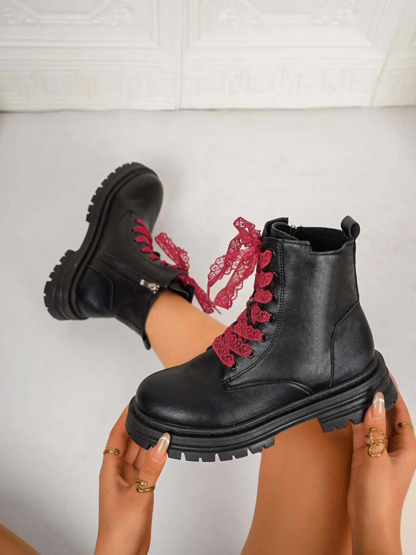 2026 New Lace-Up Boots for Women, Thick Sole Versatile Patchwork Short Cuff Motorcycle Boots