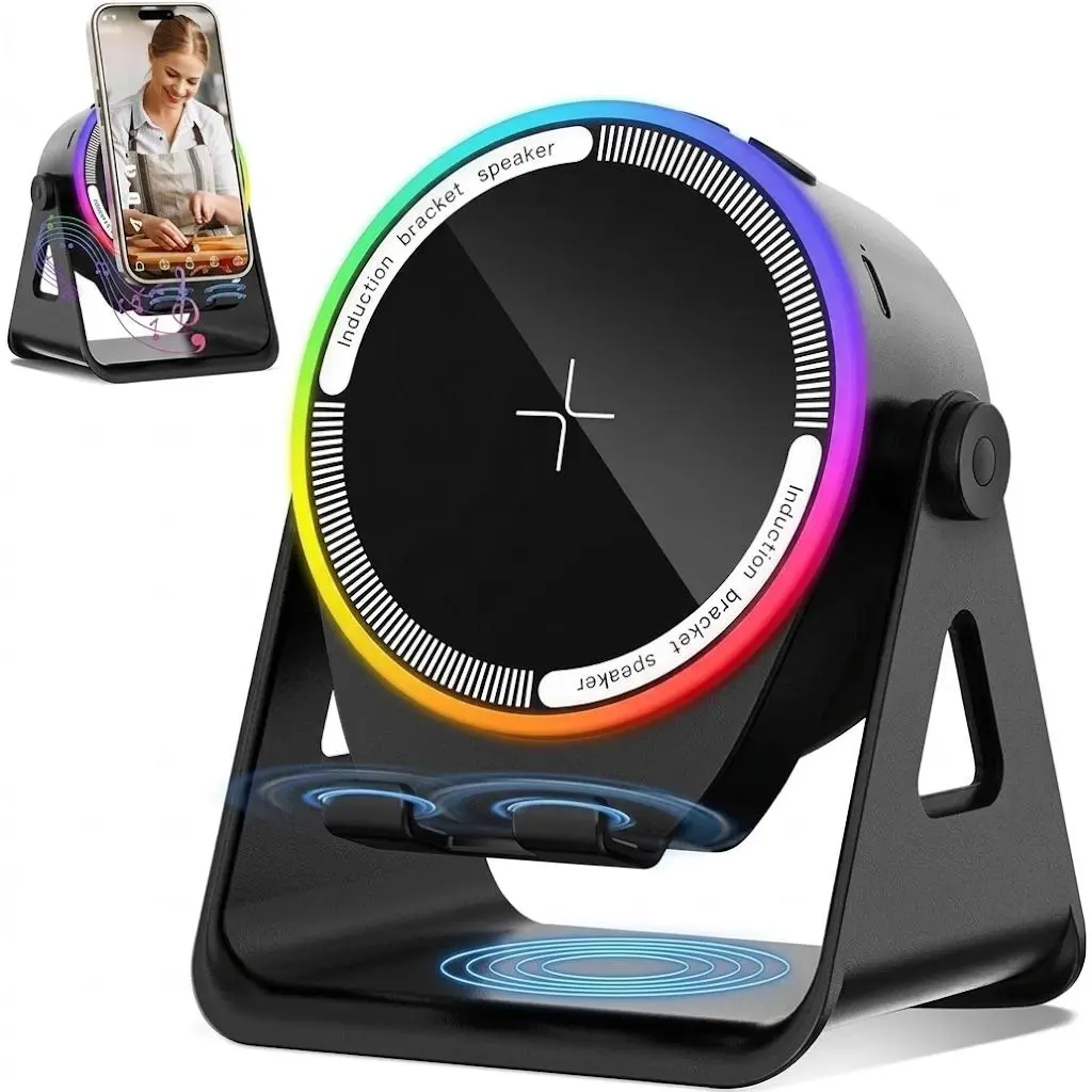 5-in-1 Bluetooth Induction Stand Speaker - Portable Speaker, USB Port Cellphone Holder, 3500mAh Rechargeable Emergency Power Bank, 360° Adjustable Table Stand with Colorful Ambient Light Gift for Women