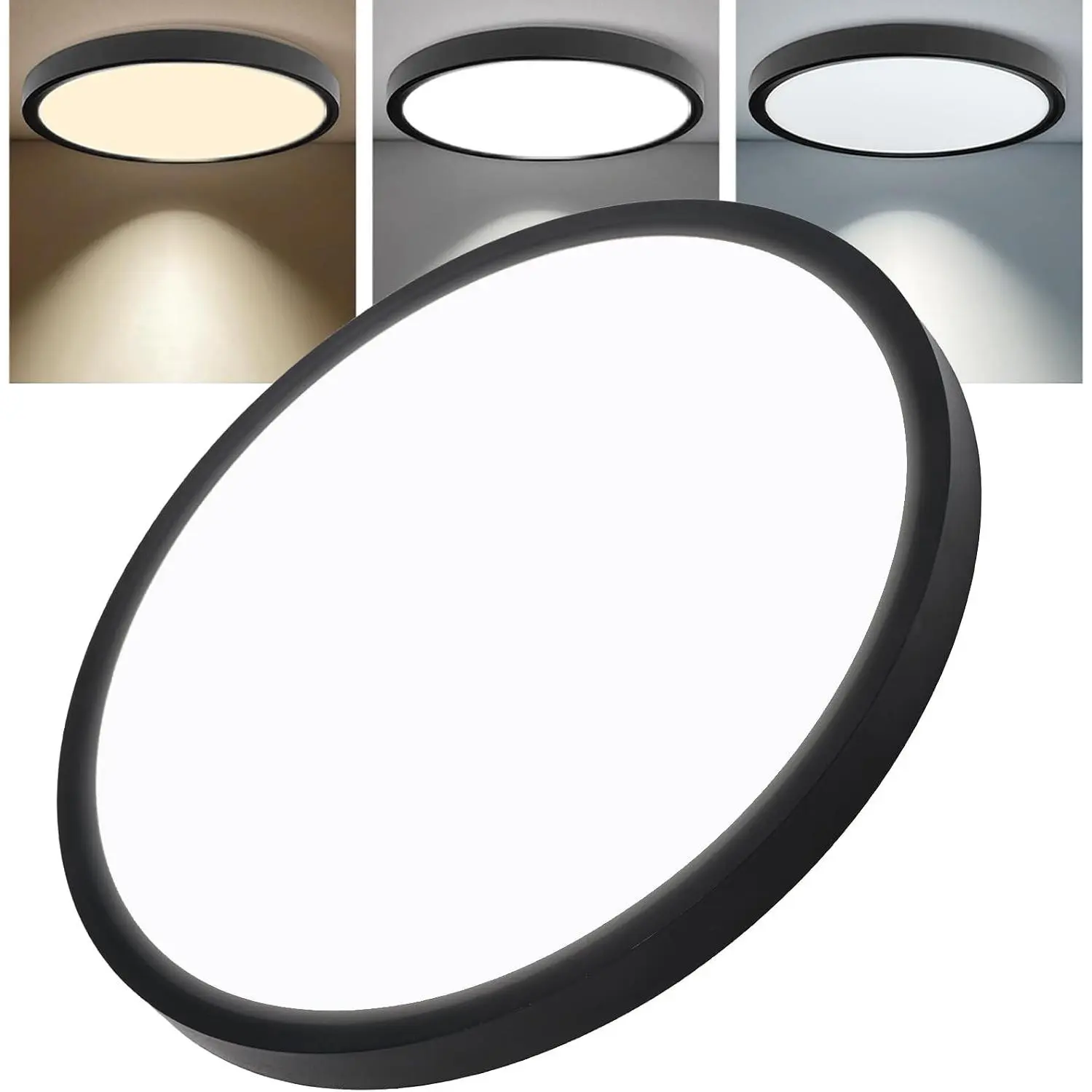 12 Inch Hardwired Dimmable LED Flush Mount Ceiling Light, 24W 2640LM, 3000K/4000K/5000K Selectable, 240W Equivalent, Black, for Bedroom Hallway Laundry Room