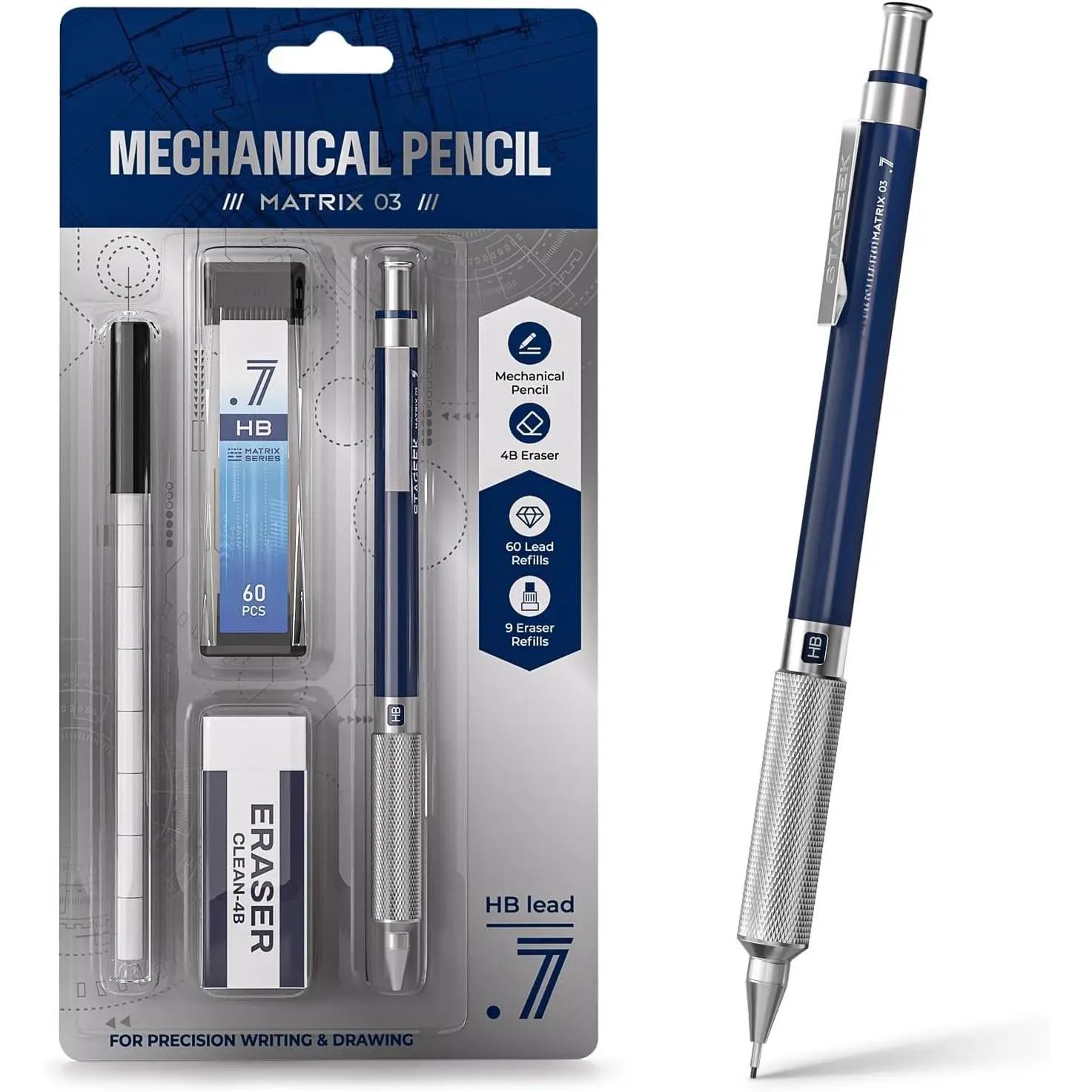 0.7 mm Mechanical Pencil, Metal Art & Drafting Pencil with Eraser and 60 HB Lead Refills, Professional Drawing Pencil for Artists, Students, School, Office, Writing, Sketching, Drafting(Blue)