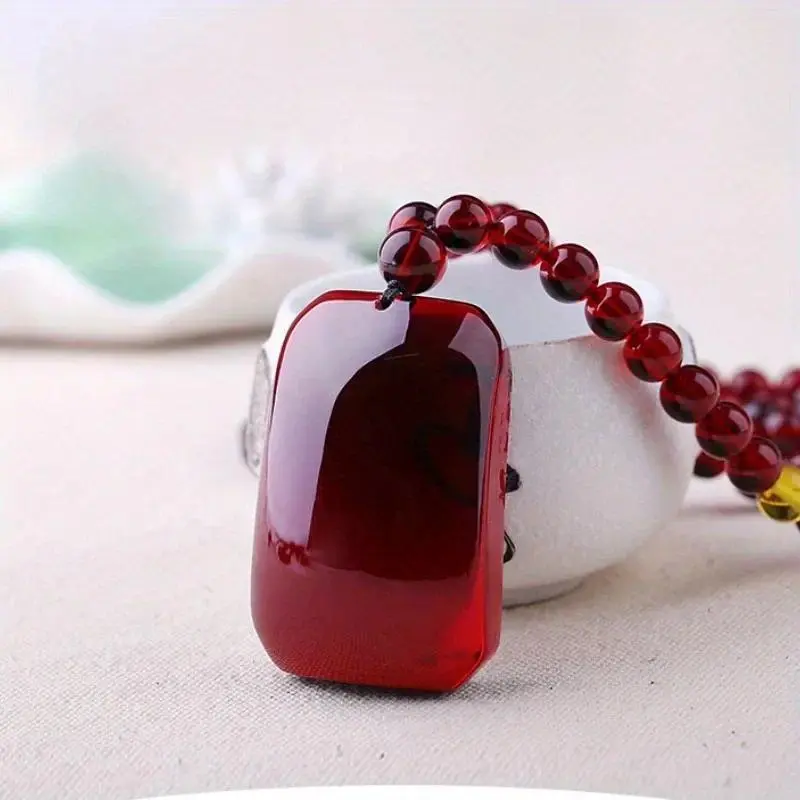Blood Red Resin Amber Pendant Necklace, Ethnic Style Teardrop Jewelry for Women, Elegant Ornate Pendant for Chain
