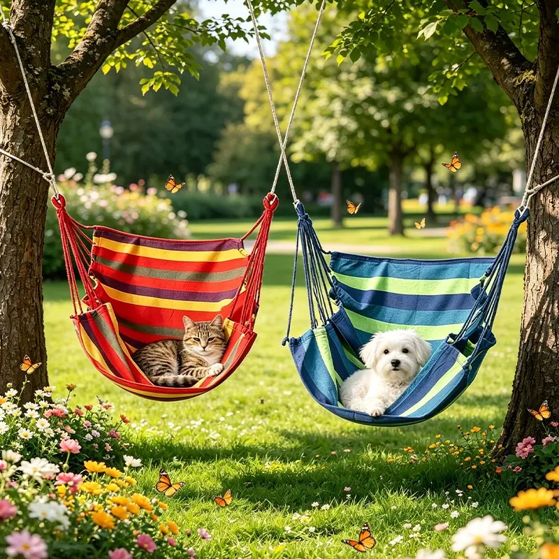 Striped Hanging Pet Hammock Bed, Breathable Fabric Swing Nest for Cats and Small Dogs, Outdoor Garden Tree Suspended Pet Sleeping Hammock