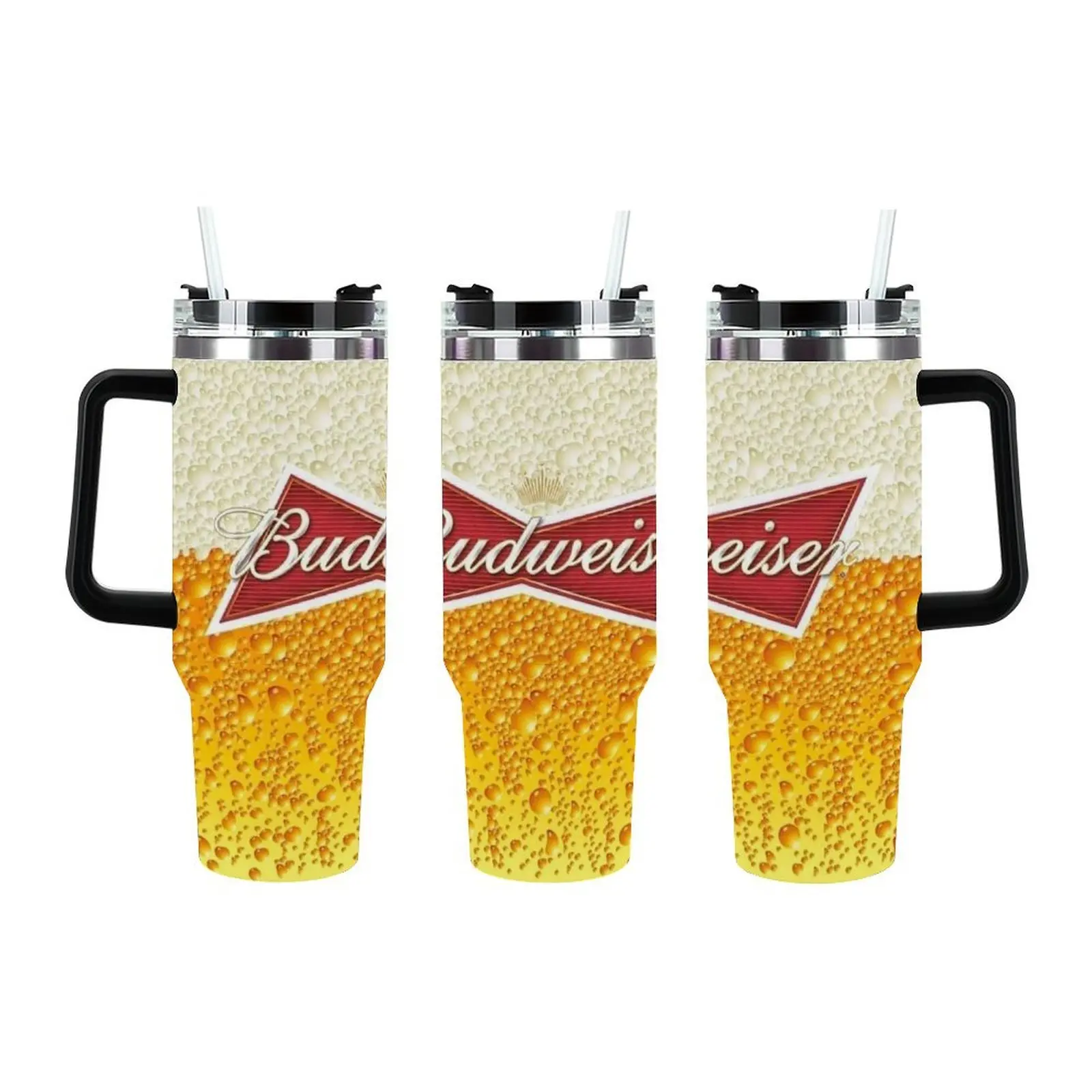 40oz Budweiser Inspired Tumbler with Straw - Realistic Beer Foam Printed Insulated Cup, Stainless Steel Travel Mug for Cold Drinks, Beer Enthusiast Essential