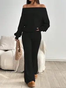 Elegant One-Shoulder Loose Long Sleeve Top & High-Waisted Flared Pants Set, Casual Slim Fit for All Seasons