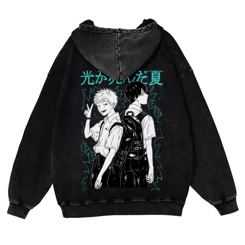 Unisex Black‑and‑white two‑person manga of Hikaru ga shinda natsu Graphic Washed hoodie Personalized Pattern Y2k Clothing Round Neck Washed hoodie,Women's Clothing 100% Cotton, Menswear, Top, Vintage Style,Summer Casual Oversized
