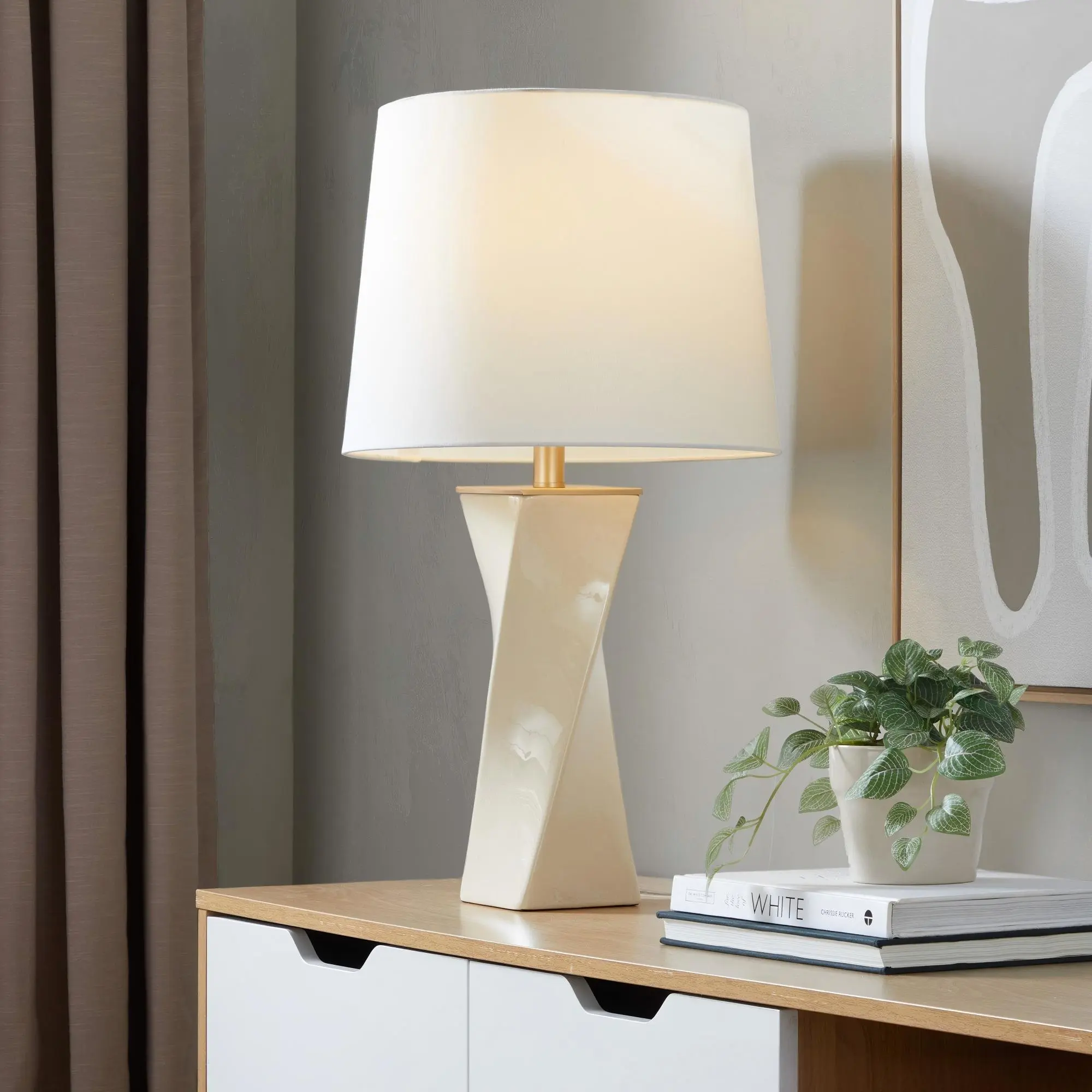 ARCH Square Contemporary 27" Ceramic Table Lamp in Cream Ceramic, Gold Metal, and White Linen Shade for Living Room, Bedroom, Office, Nightstand, End Table, Sofa Side Table, Apartment, Home Decor, Warm Ambient Lighting, Living Room Table for Sofa