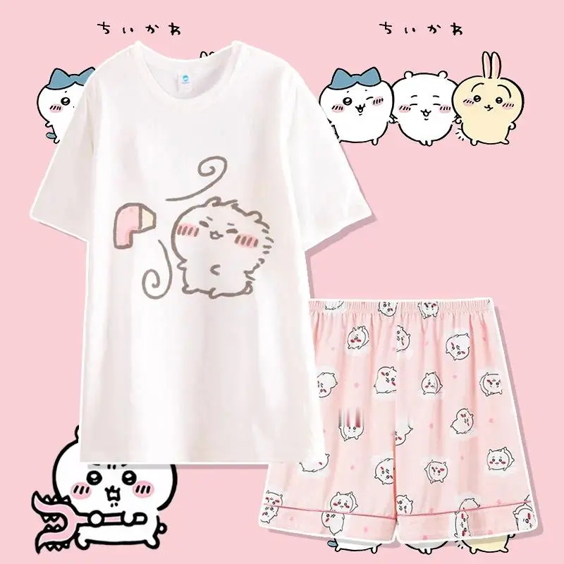 Women's Anime Chiikawa 2-Piece Thin Cotton Pyjamas Set, Summer Round Neck Short-Sleeved Loose Pants Stress Relief Loungewear