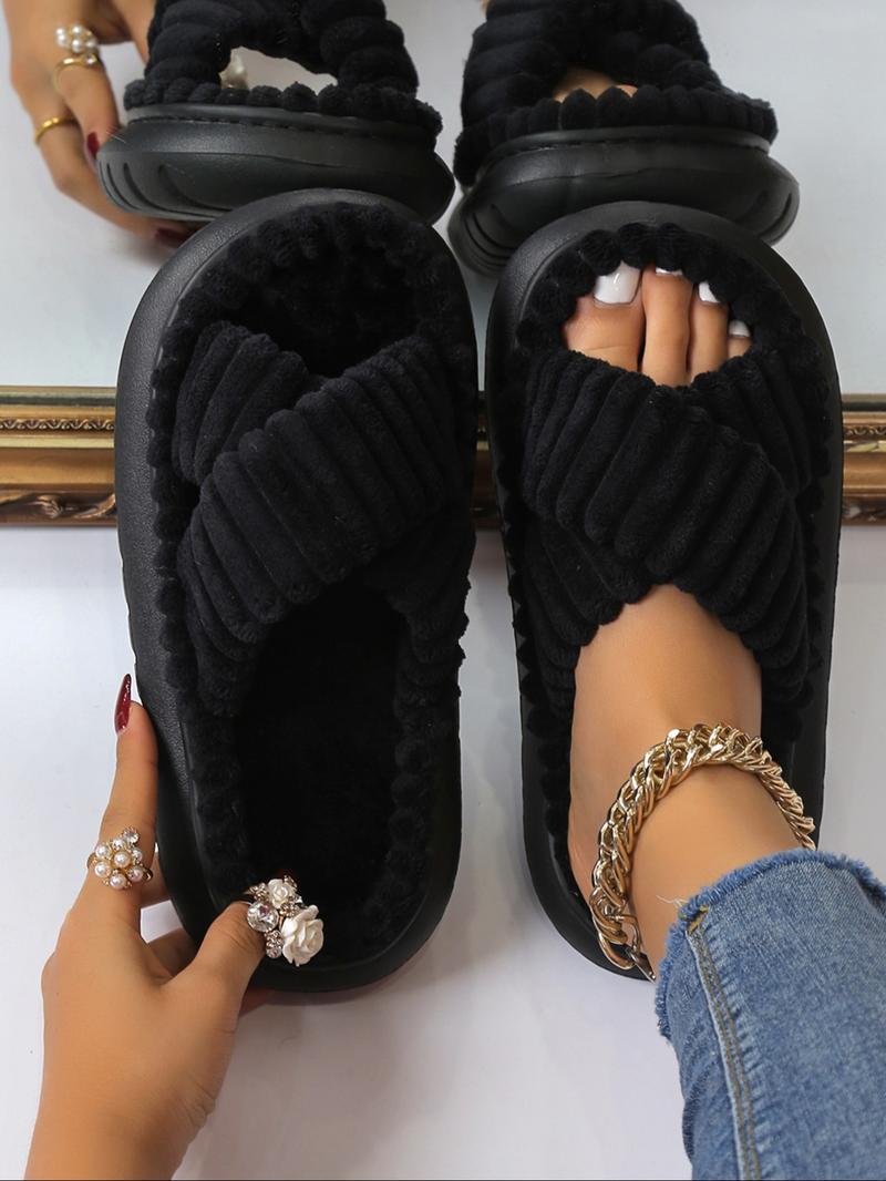 Women's Criss Cross Design Plush Slippers, Casual Soft Comfortable Non-slip Thick Bottom Slippers for Indoor and Outdoor Wear, Bedroom Slippers for Fall & Winter, Footwear