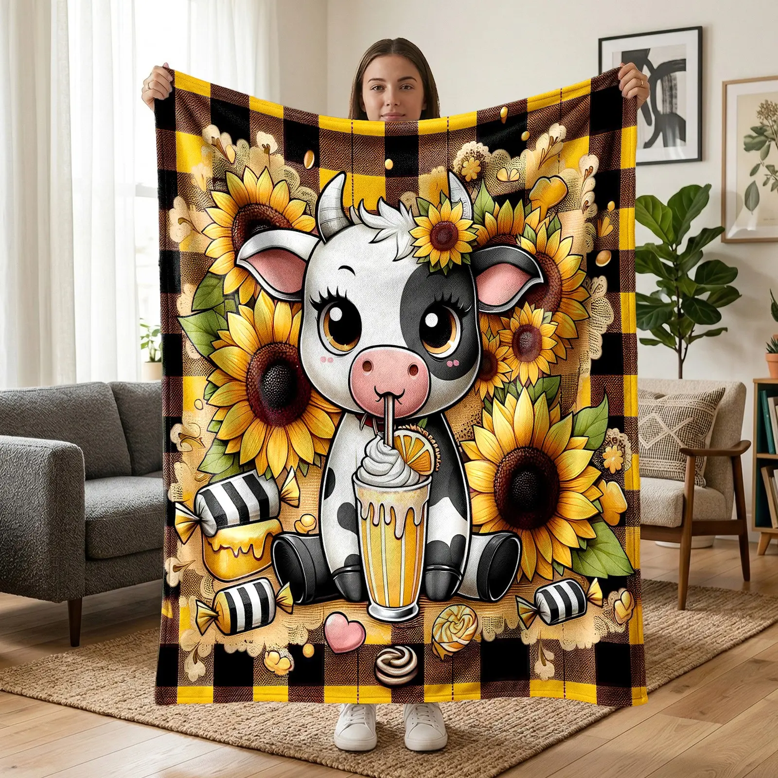1pc Cute Cow Sunflower Flannel Fleece Blanket, Black White Cow Print with Sunflower and Buffalo Plaid Design, Soft Cozy Warm Lightweight Throw Blanket for Sofa Bed Office Travel Camping Birthday Thanksgiving Christmas Gift