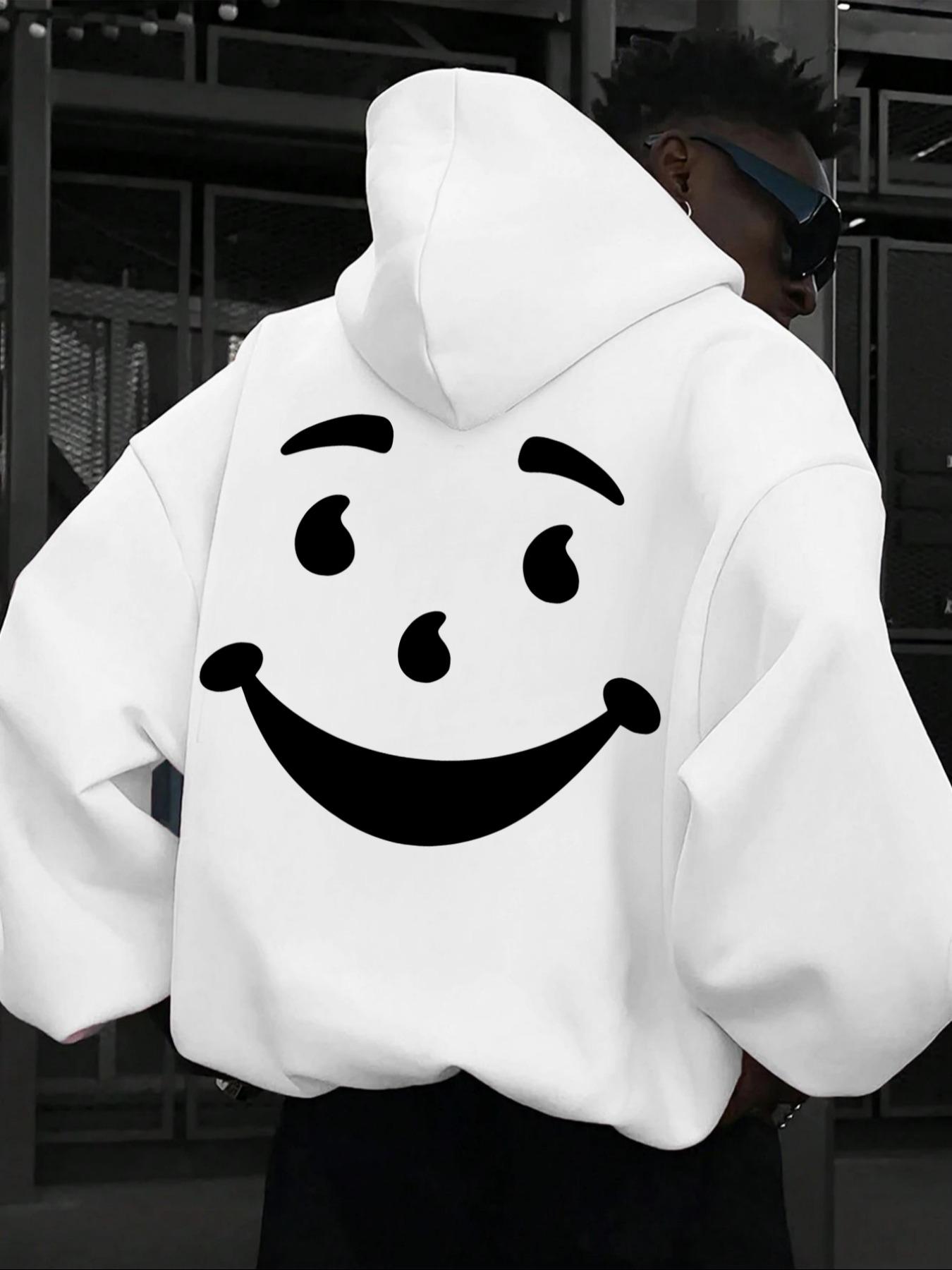 Men's Cartoon Smile Face Print Drop Shoulder Hoodie, Fashion Casual Regular Fit Drawstring Pocket Hooded Sweatshirt for Daily Holiday Outdoor Wear, Men Clothes for Fall & Winter