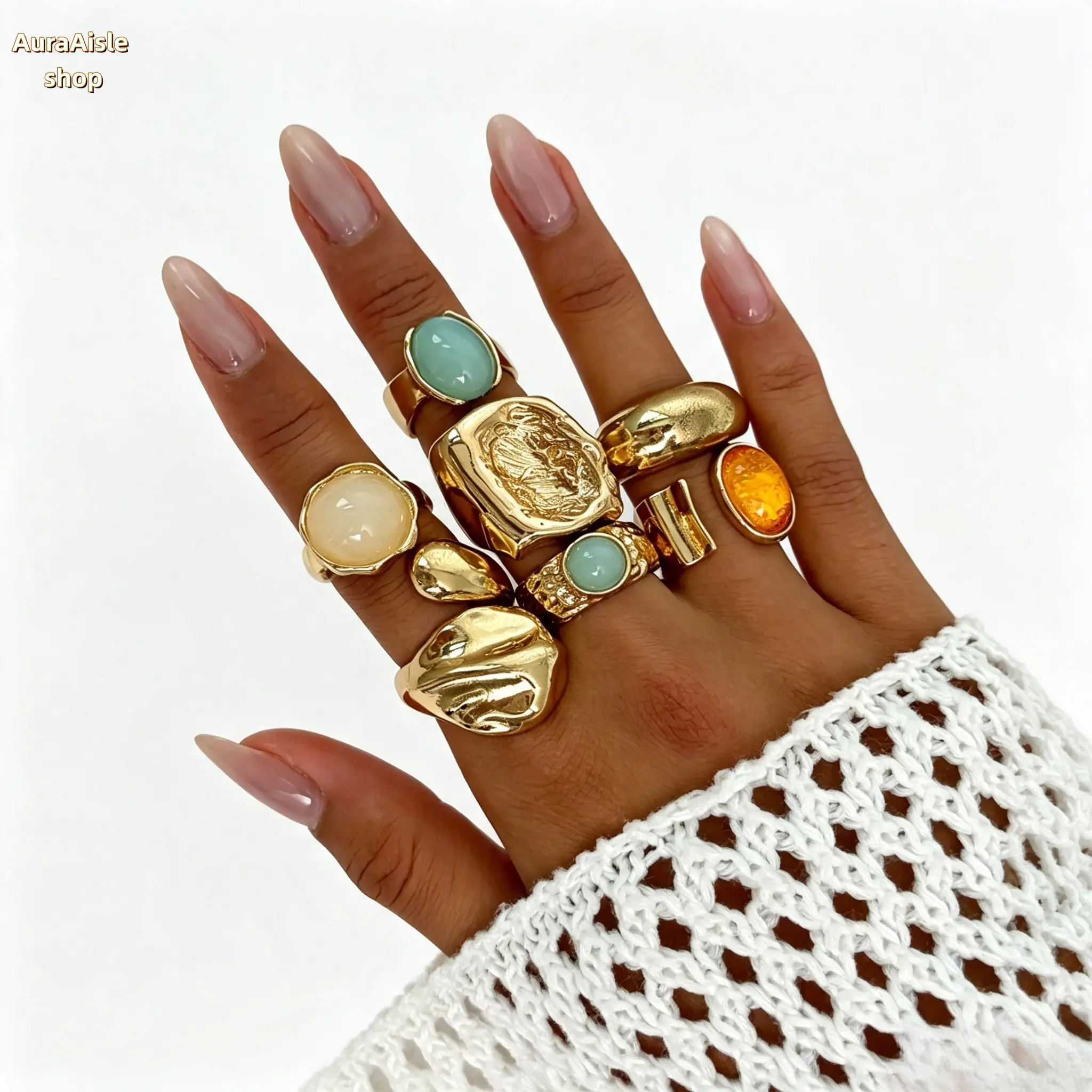 7 Pcs Women Vintage Stackable Ring Set, Hammered Textured Statement Multi‑Rings, Adjustable Open Band Boho Jewelry, Retro Gem Inlaid Rings For Daily Outfit, Date Night & Casual Gathering Accessories Gifts
