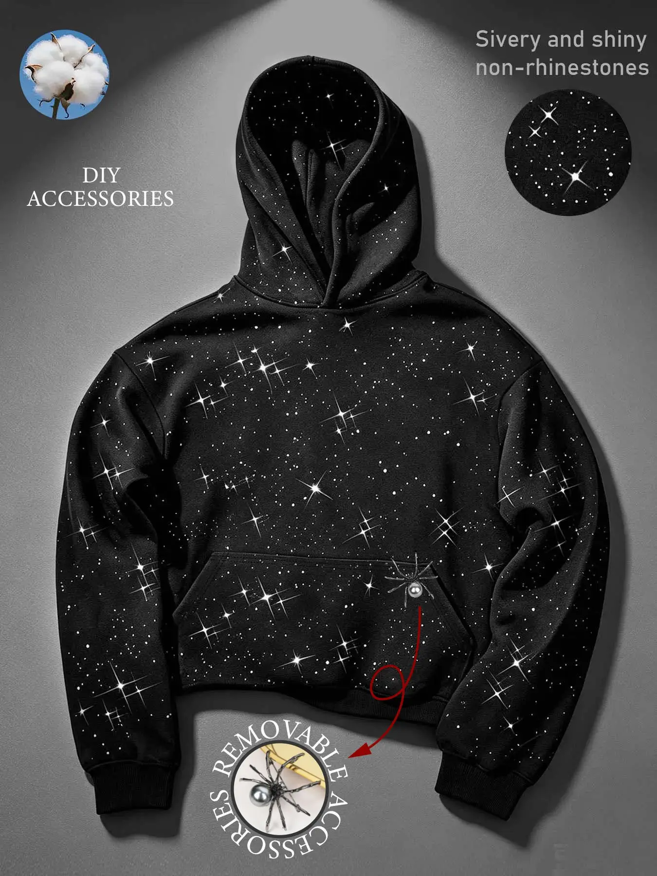 Y2K Sparkling Starry Universe Pattern Cropped Hoodie with Removable Spider Decoration DIY Gothic Streetwear for Nightclubs and Parties, Trendy Autumn Sweater for Teens Boys and Girls