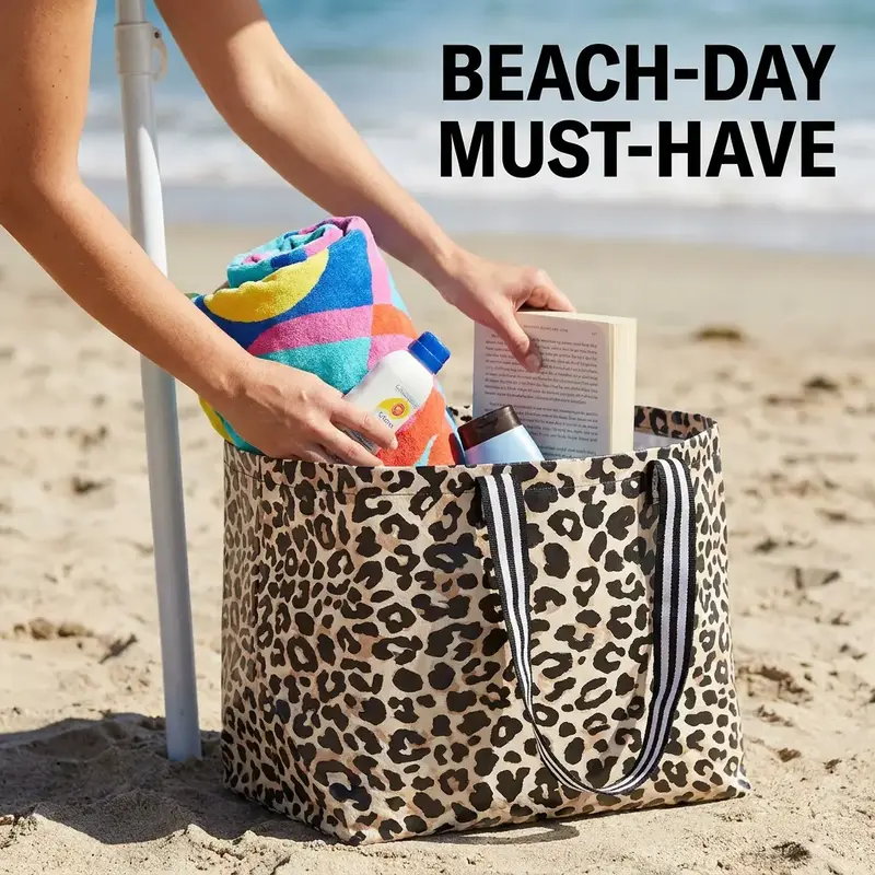 Foldable Extra Large Open-Top Storage Tote, Leopard Print Multifunctional Storage Bag with Contrast Striped Handles, Durable Plastic, Ideal for Moving, Travel, Camping and Closet Organization