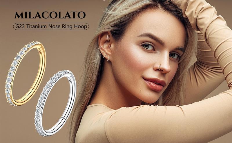 MILACOLATO G23 Titanium CZ Nose Rings Hoop for Women 18G 16G Clicker Hinged Segment Septum Lip Rings Tragus Conch Helix Cartilage Rook Daith Earrings Hoop Piercing Jewelry Diameter 6mm 8mm 10mm Silver Gold MILACOLATO G23 Titanium CZ Nose Rings Hoop for Women 18G 16G Clicker Hinged Segment Septum Lip Rings Tragus Conch Helix Cartilage Rook Daith Earrings Hoop Piercing Jewelry Diameter 6mm 8mm 10mm Silver Gold
