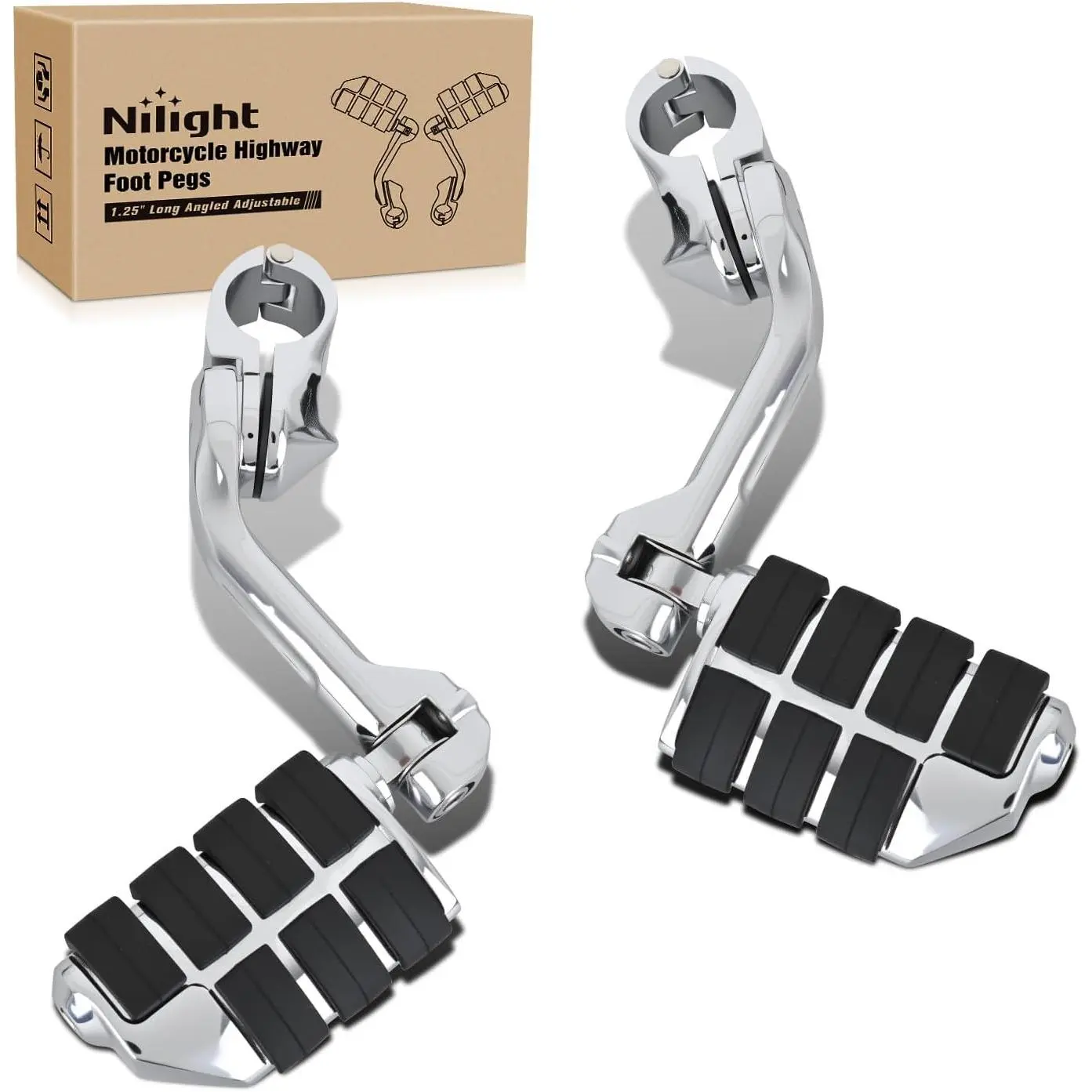 Nilight 1.25 Inch Motorcycle Highway Pegs For Harley Davidson Touring Road King Street Glide Sportster Adjustable Long Angled Foot Pegs Universal For 1-1/4 Inch Engine Guard Crash Bars Highway Footpegs Chrome